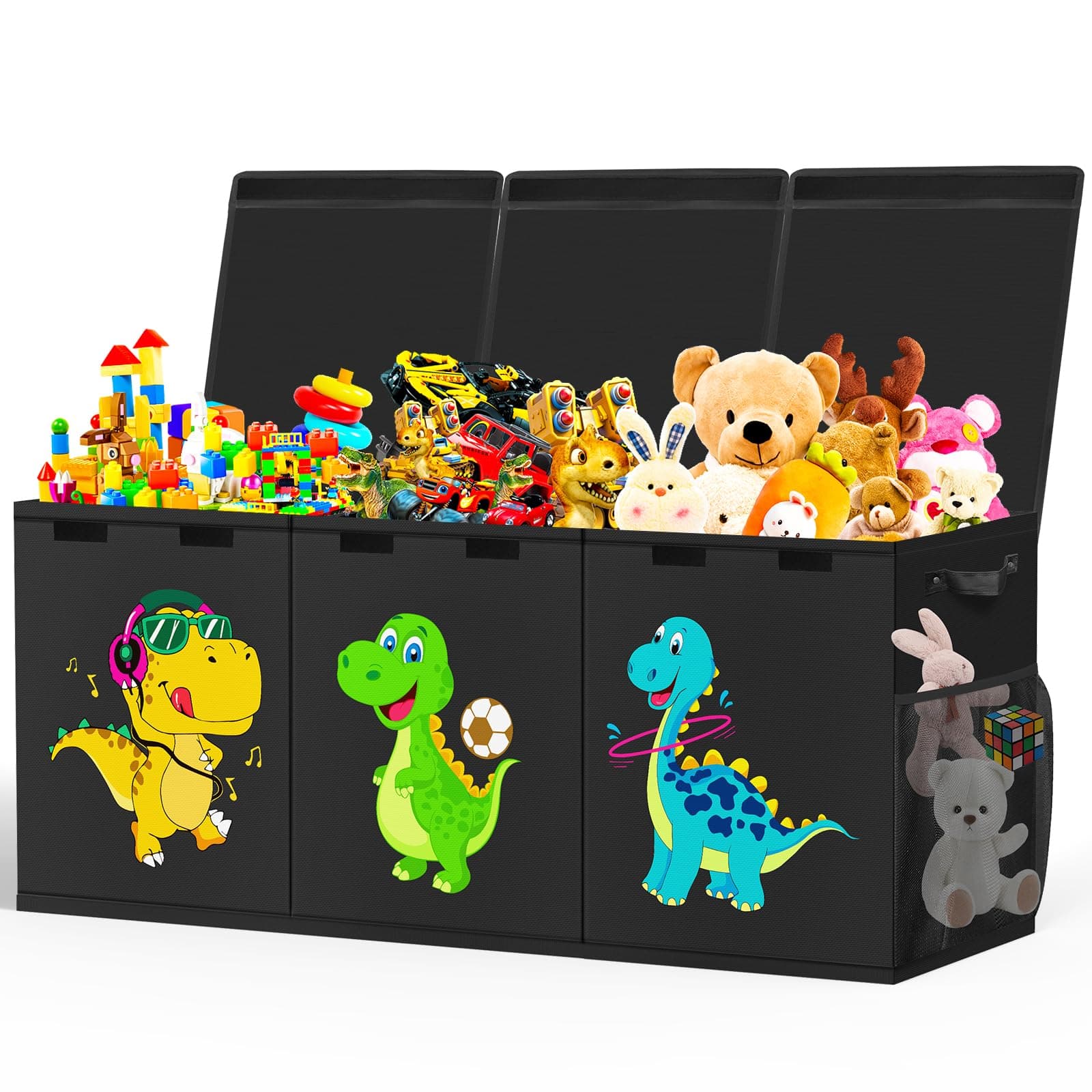 Large Toy Storage Box, Collapsible Dinosaur Kids Toy Storage Organizer, Nursery Bins Boxes Storage Basket with Lid, Toy Chest Trunk for Boys, Girls, Living Room, Playroom, 40"x14"x16", Black
