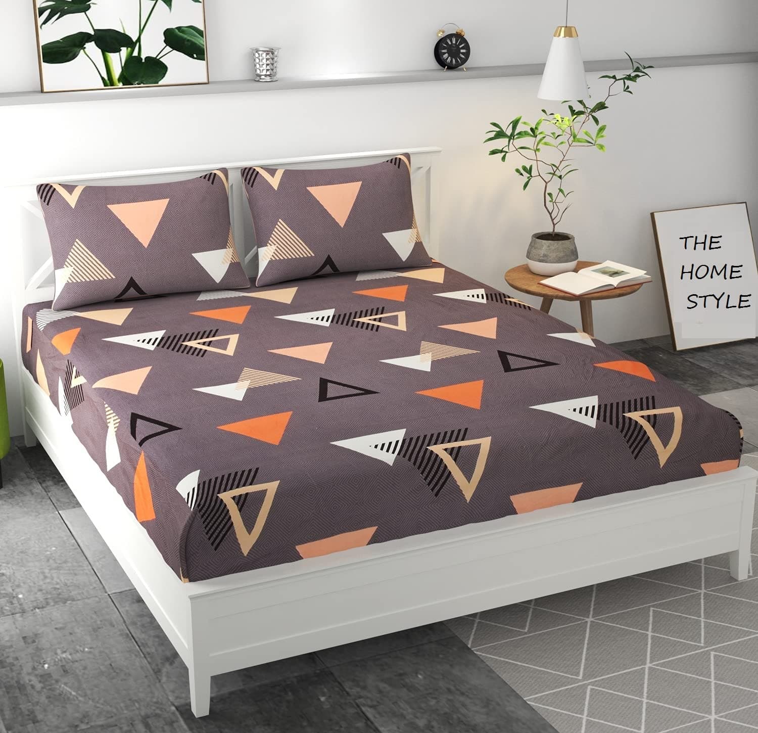 THE HOME STYLE Cotton Feel Glace Cotton Elastic Fitted Printed King Size Double Bed Bedsheet With 2 Pillow Cover(72"X78",Graphite Triangle),300 TC