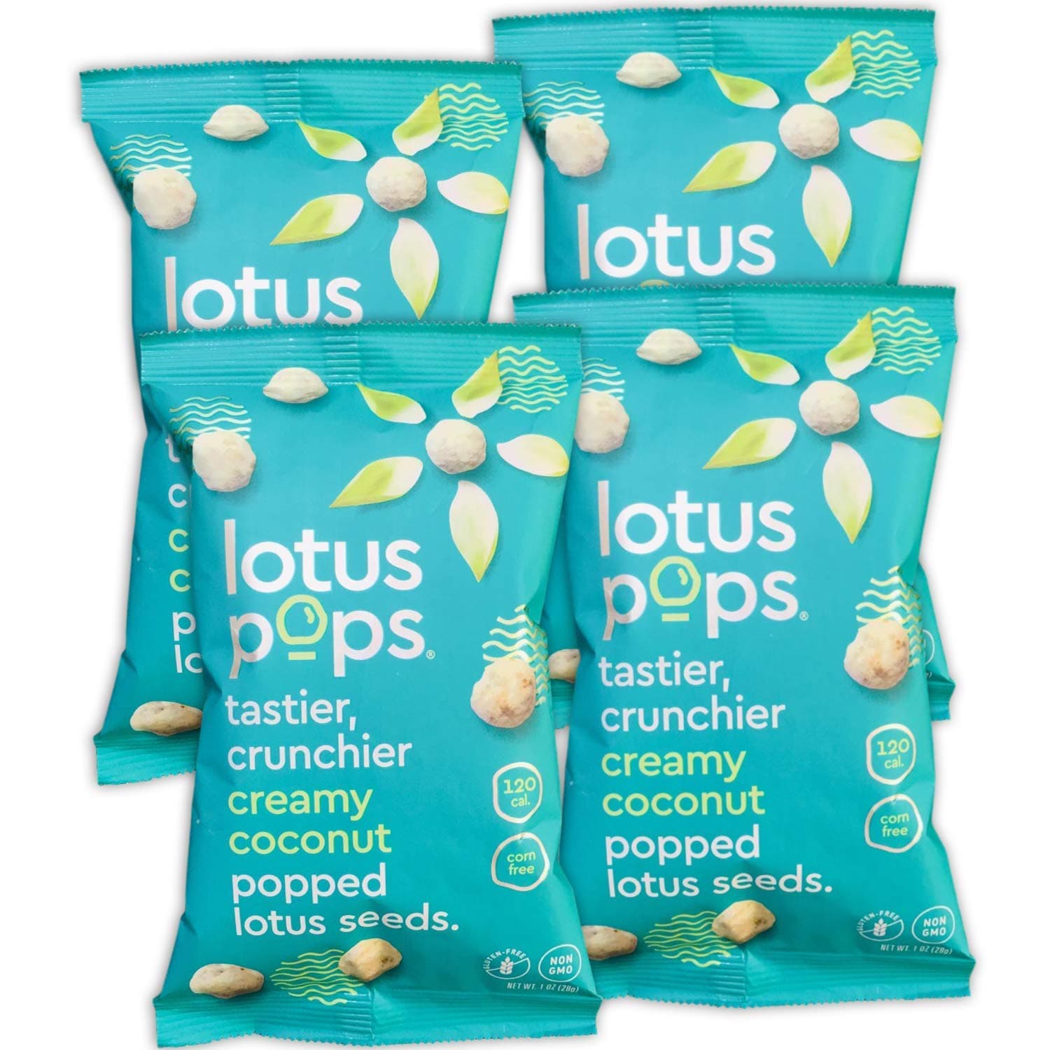 Lotus Pops - Popped Lotus (Water Lily) Seed Snacks – Low Calorie Gluten Free Snacks | Plant Protein | Roasted Not-Fried | Paleo | GrainFree | Non GMO | Healthy Dessert | (Creamy Coconut 4 2oz Packs)