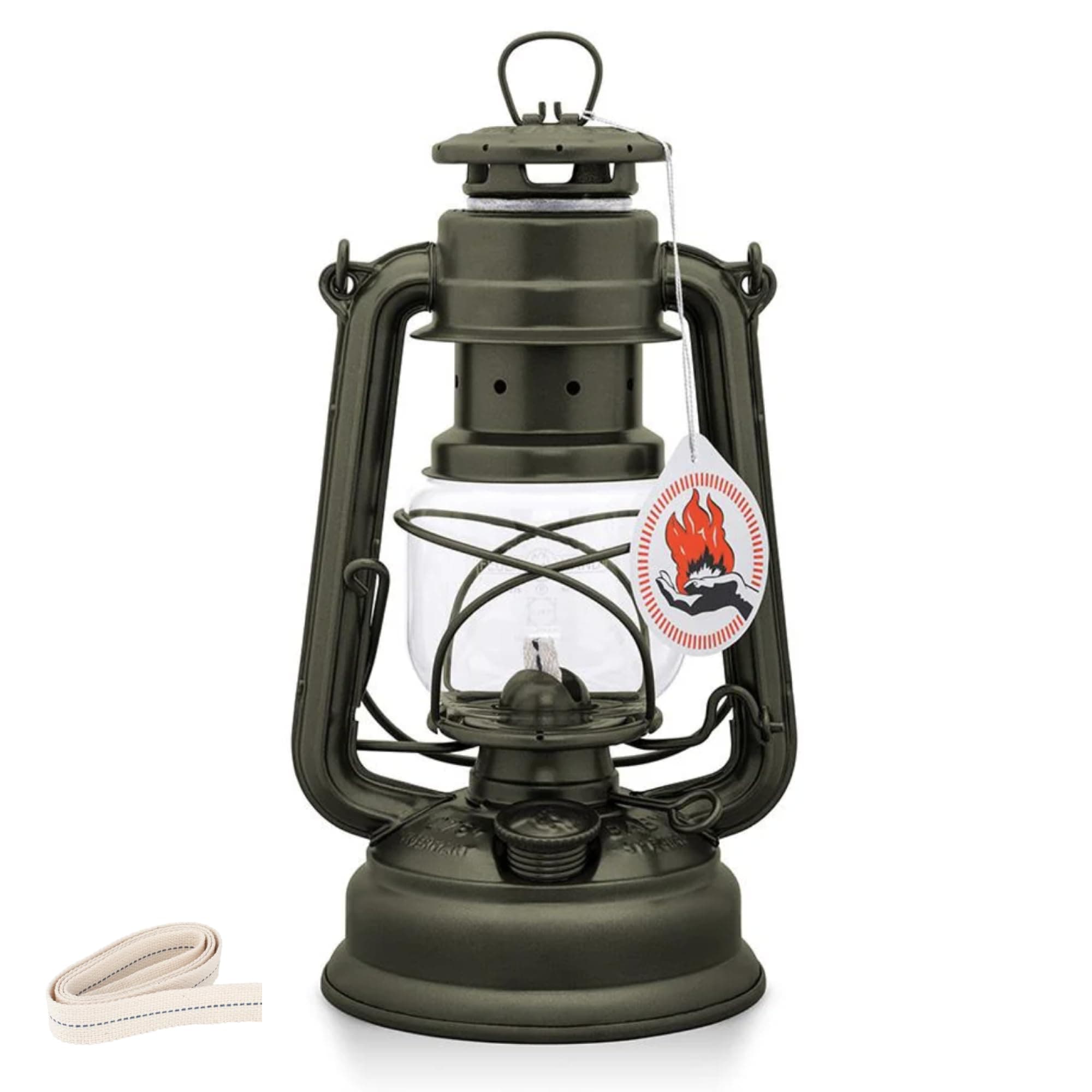 Feuerhand 276 Outdoor Hurricane Oil Lantern - German-Made Since 1893, Paraffin Lamp with Galvanized Steel, 300ml Tank, 20 Hour Burn Time, Safe for Hanging or Table Use, Kerosene Camping Light, Olive
