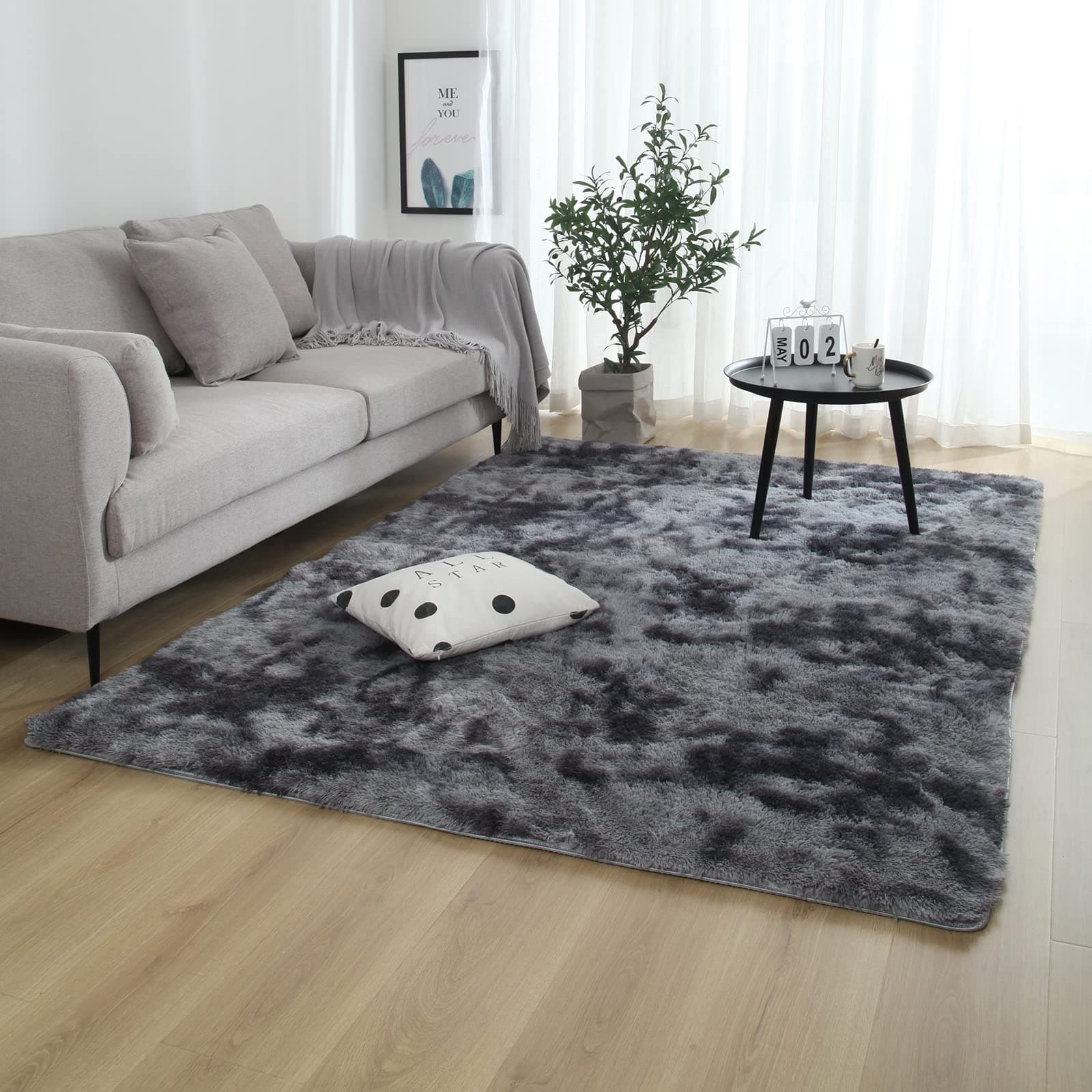 Area Rugs 80 x 160cm Fluffy Rug Anti-Slip Carpet Plush Shaggy Area Rugs Tie-Dyed Soft Touch Area Rug Playing Mat Modern Indoor Plush Fluffy Rugs Floor Carpet Mat for Home Living Room Bedroom Dark Gray