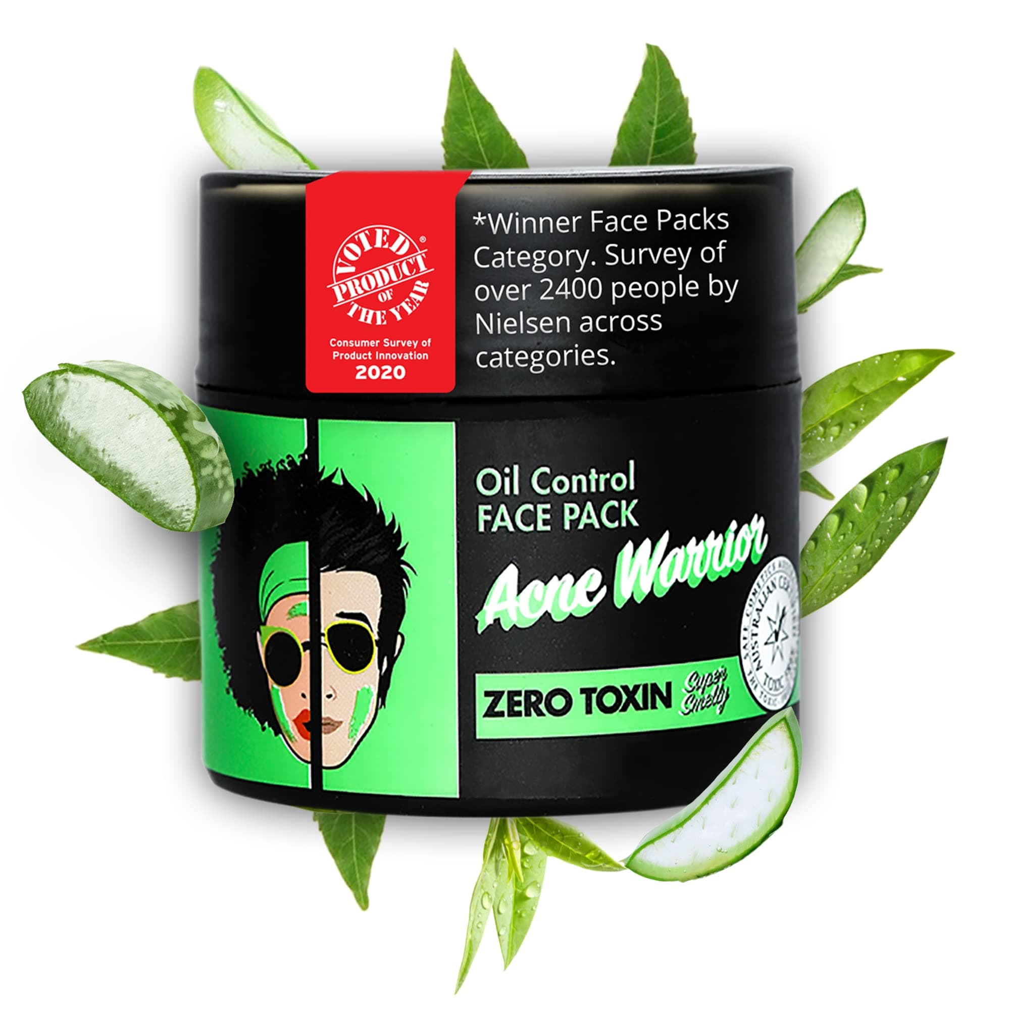 Super Smelly Acne Warrior Natural Face Pack | For Acne and Pimples | For Young Men, Women, Boys, Girls, Teens & Tweens | With Aloe Vera Extract, Neem, Multani Clay, Tea Tree & Turmeric Oil, Multicolor, 70 g