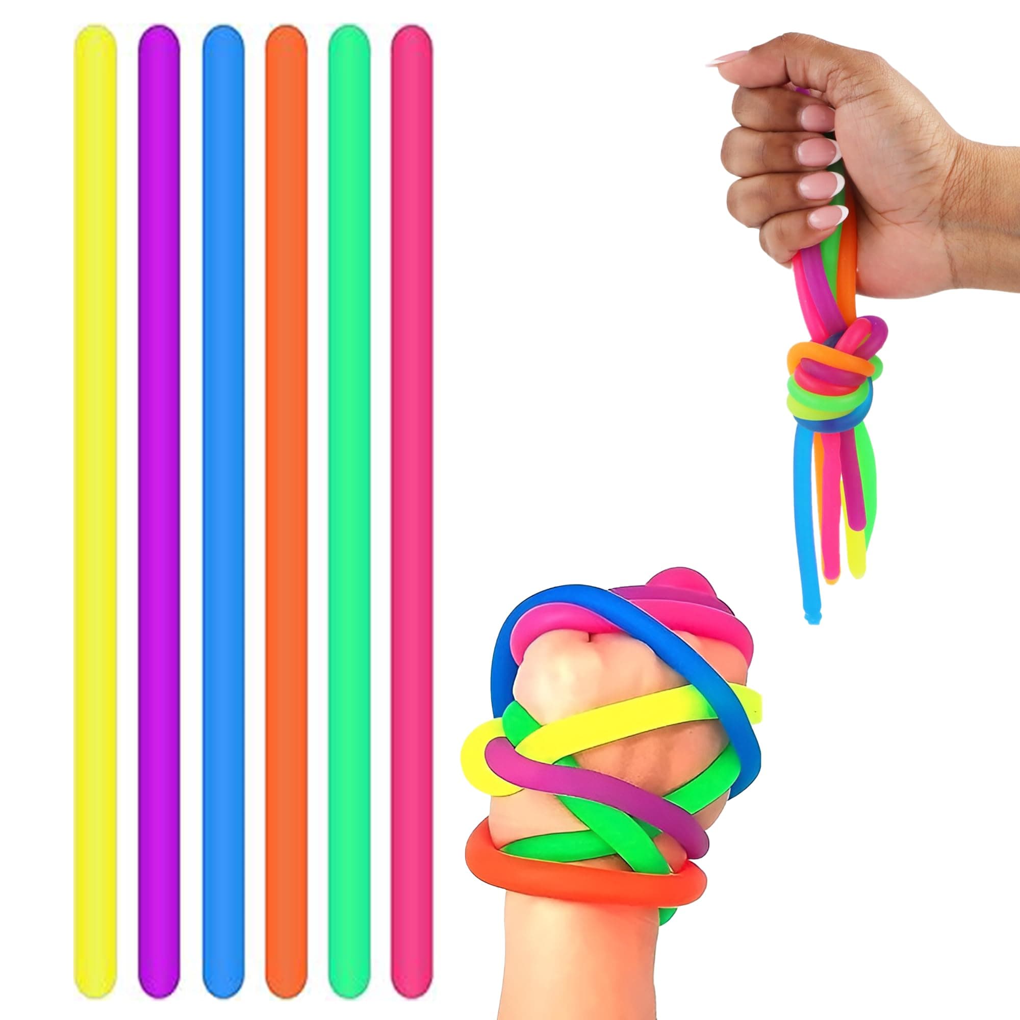 6 Pcs Elastic Fidget Noodles, Stretchy Finger Stress Relief Toys, 25cm (9.8cm), Vibrant String Toy for Kids and Adults, DIY Hand-Knit Rope Anti Stress, ADHD, Autism Sensory Toy (6 Multicoloured Bands)