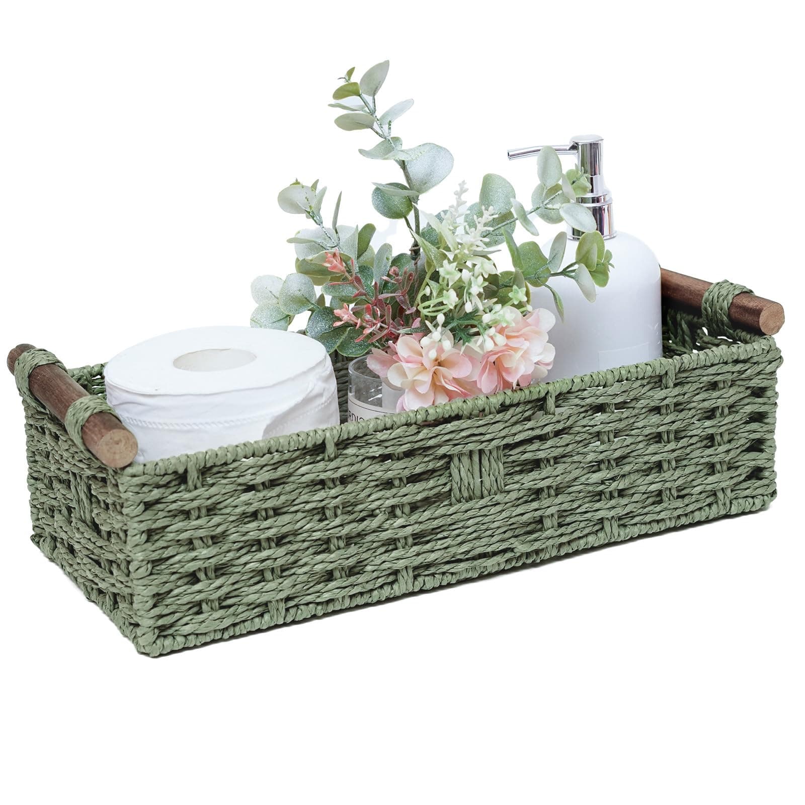 Round Paper Rope Storage Basket Wicker Baskets for Organizing with Handle Decorative Storage Bins for Countertop Toilet Paper Basket for Toilet Tank Top Small Baskets Set,Green