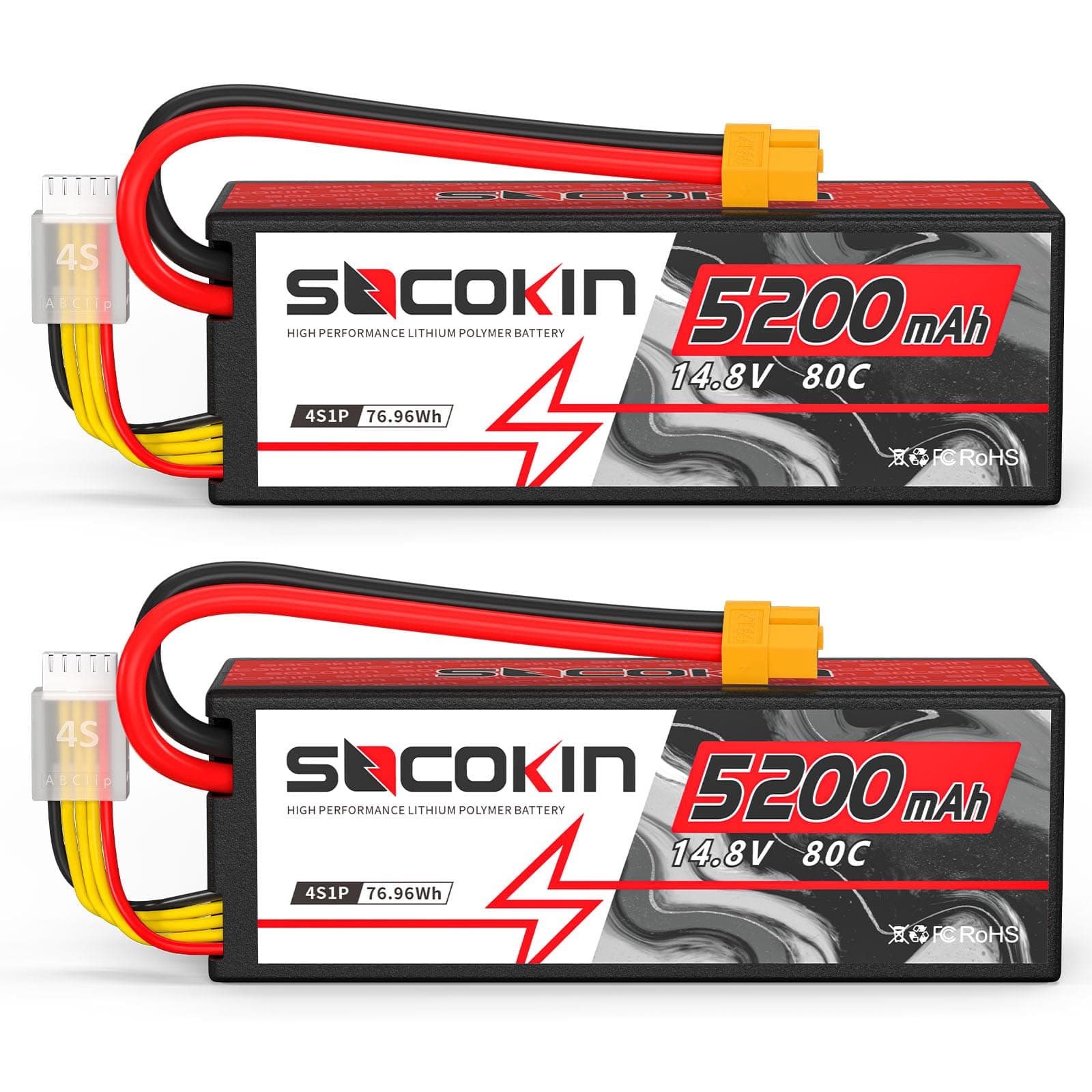 14.8V Lipo Battery 4S 5200mAh 80C Lipo Battery with XT60 Plug Hard Case for RC Evader BX Car Buggy Boat Drones Slash 1/10 Scale Racing Truck Racing RC Heli Airplane (2 Pack)