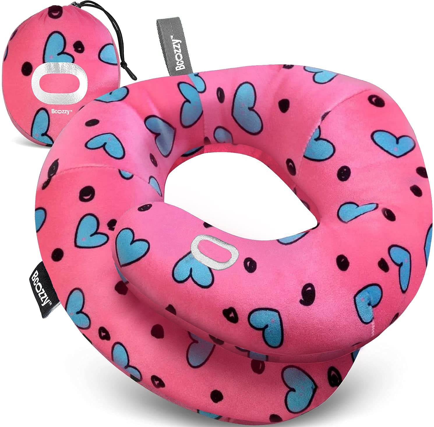 BCOZZY Kids Chin Supporting Travel Neck Pillow - Supports The Head Neck and Chin in in Any Sitting Position. A Patented Product. Child Size Turquoise Hearts