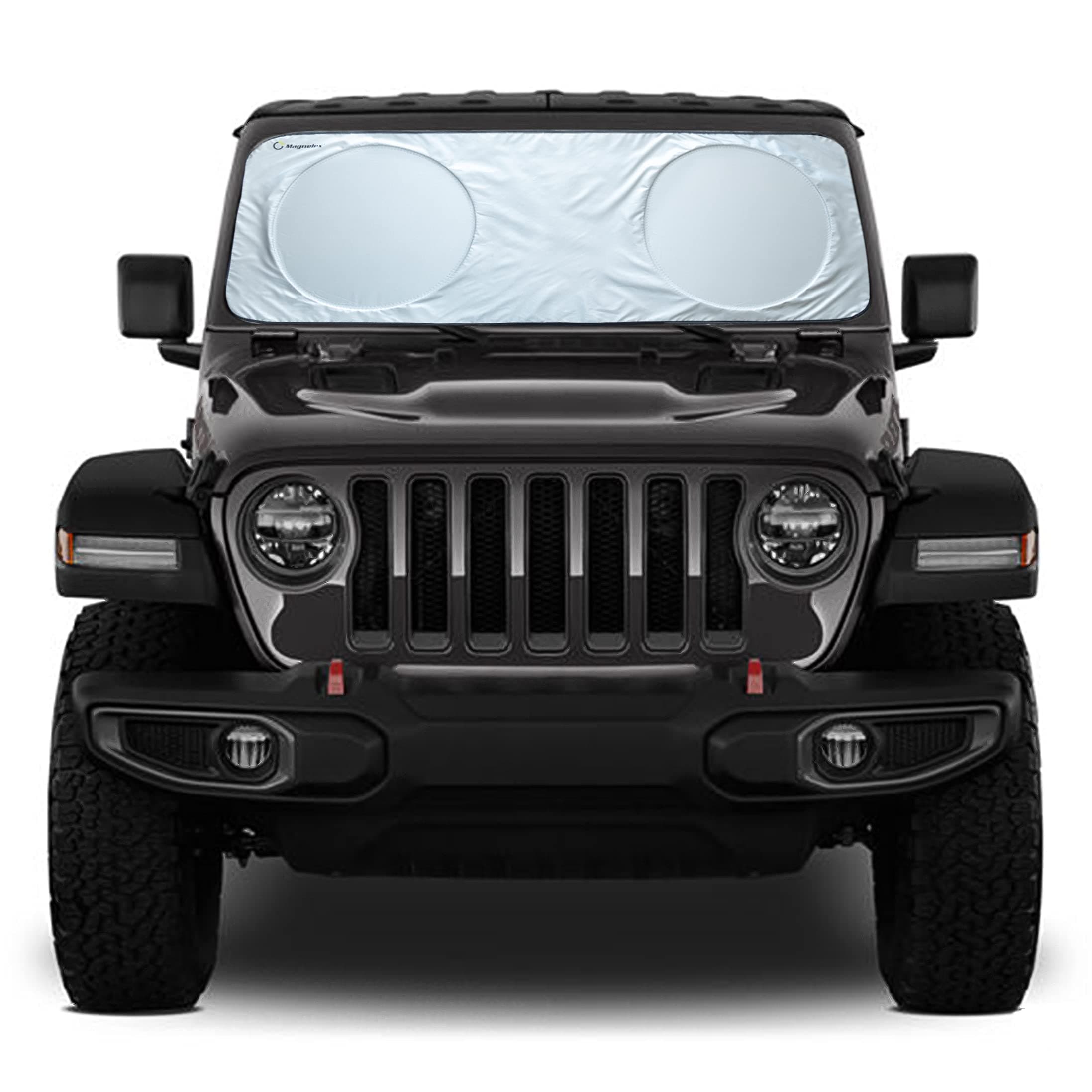 Magnelex Windshield Sun Shade for Jeep Wrangler, Rubicon, Gladiator with Bonus Steering Wheel Sun Shade. 240T Reflective Fabric Blocks Sun. Foldable Sun Shield Keeps Your Vehicle Cool