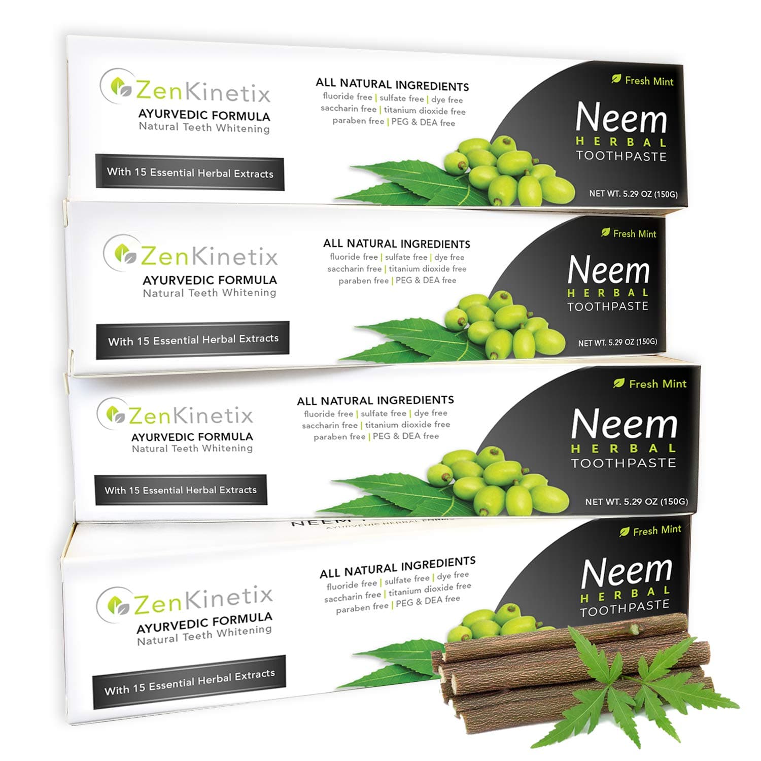 ZenKinetix Neem Herbal Toothpaste - Natural Teeth Whitening, Vegan, Ayurvedic, Fluoride Free, SLS Free, Gluten Free, Mint Flavor, 5.29 oz, 4-Pack