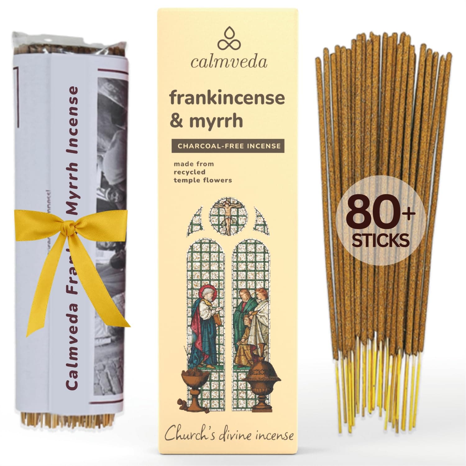 Church Frankincense and Myrrh Incense - 80 Sticks, Charcoal Free, Handmade from Upcycled Flowers, Spiritual Healing Incense