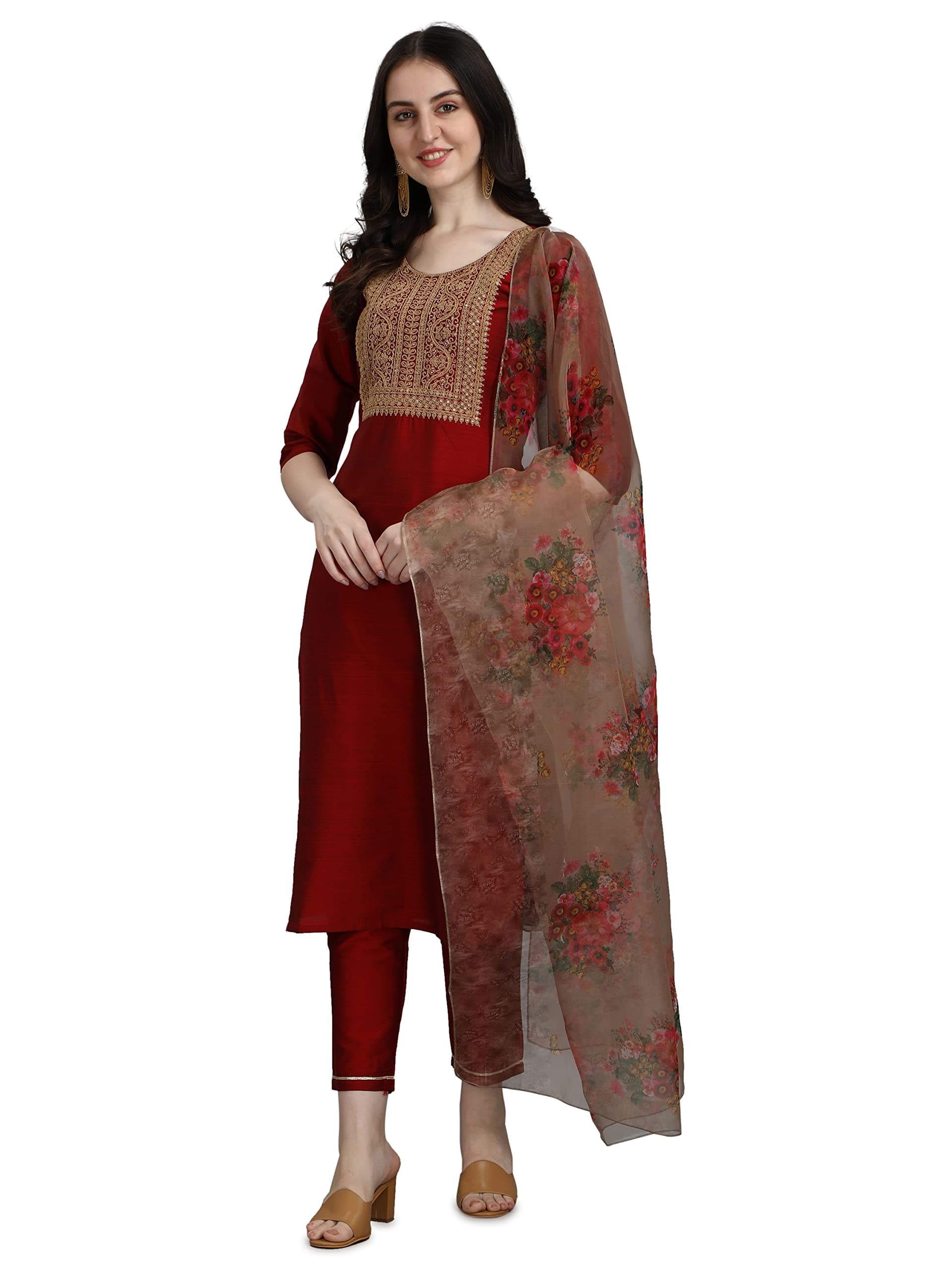 VredeVogel Women's Embroidered Cotton Silk Blend Kurta Pant Set with Dupatta