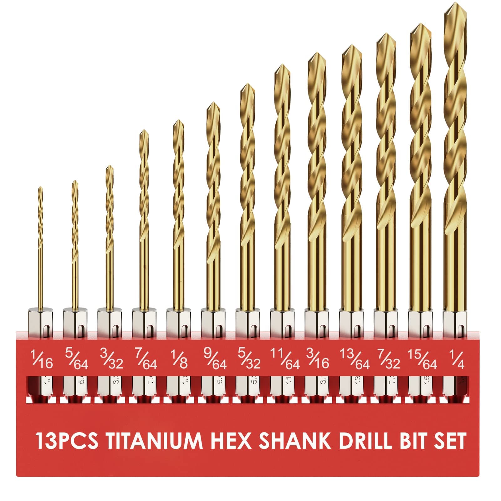 Hex Shank Drill Bit Set, 13Pcs HSS Titanium Twist Drill Bit for Sheet Metal, Wood, Plastic, Quick Change Design (1/16" - 1/4")