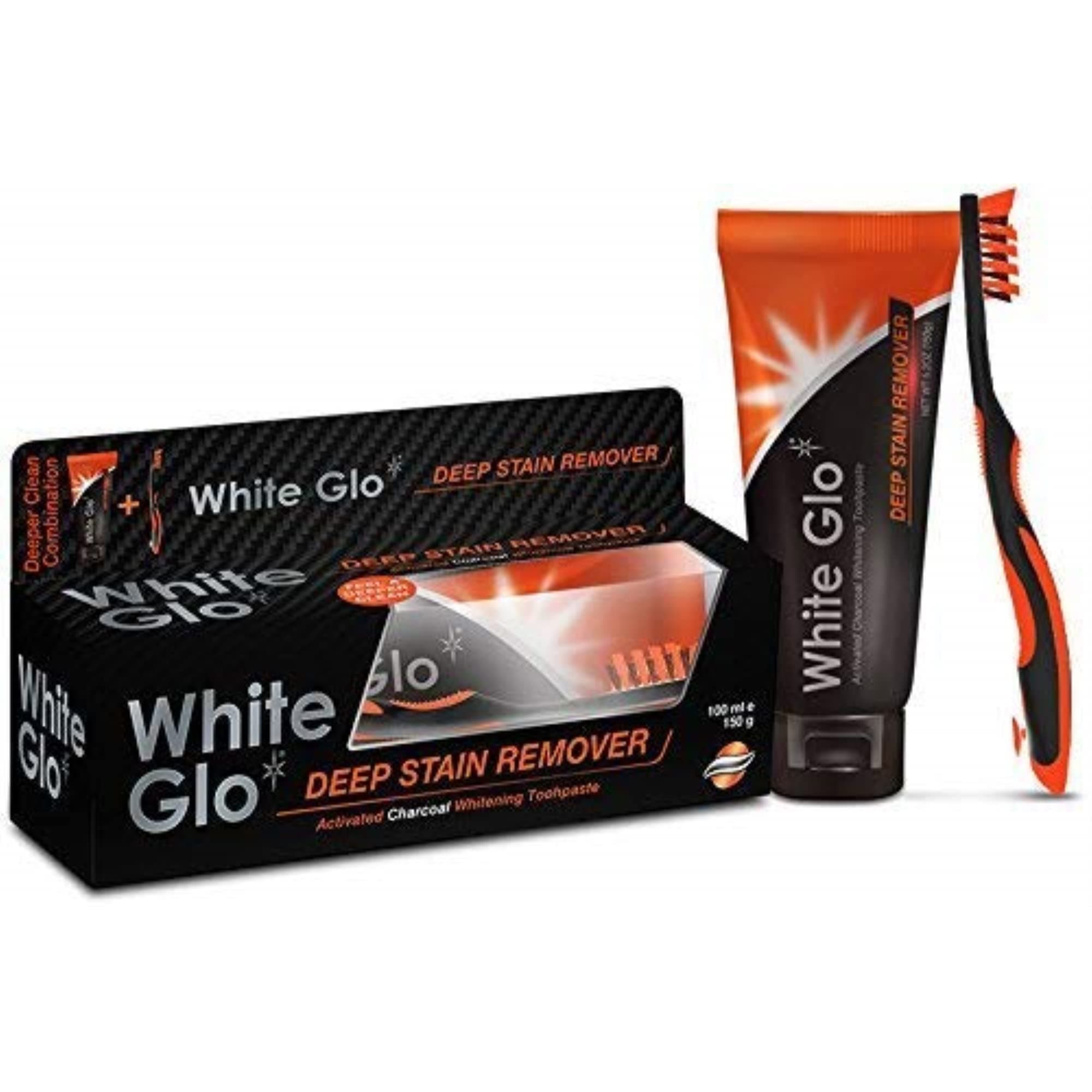 White Glo Deep Stain Remover Whitening Toothpaste with Charcoal Infused Flosser Tip Toothbrush,5.2oz
