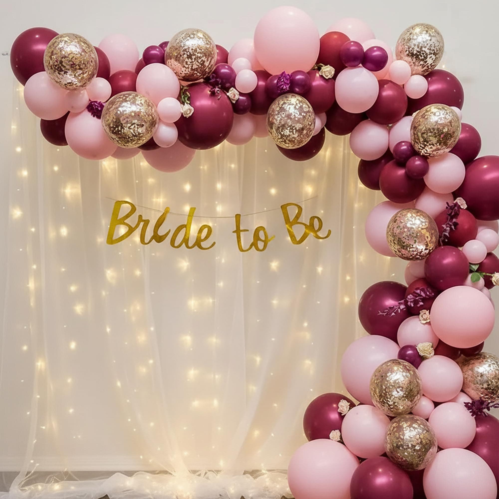 SpecialYou.in Rose Gold Theme Bride to Be DIY Decoration Kit Combo for Girls with Net Fabric Backdrop,Decorative Lights (40Ft Long) & Balloons,Bridal Shower Decorations Items,Photobooth Decorations