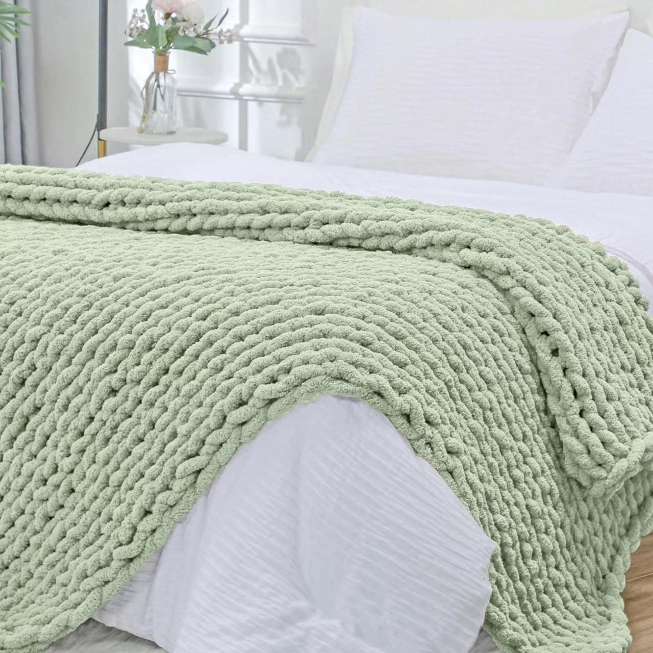BigacogoChunky Knit Throw Blanket for Couch, 40x40 inches, 100% Hand Knitted with Thick Jumbo Chenille Yarn, Cozy Soft Large Rope Knot Cable Crochet Blankets for Sofa Bed Living Room, Sage Green