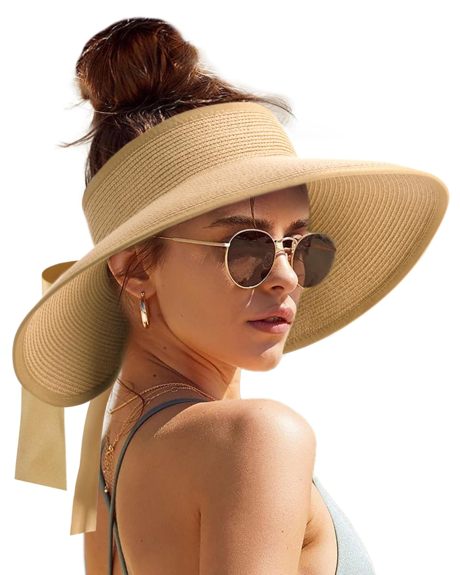 Sun Visors for Women Wide Brim Beach Hat Foldable Straw Visor Hat Ponytail Summer Packable UPF 50+