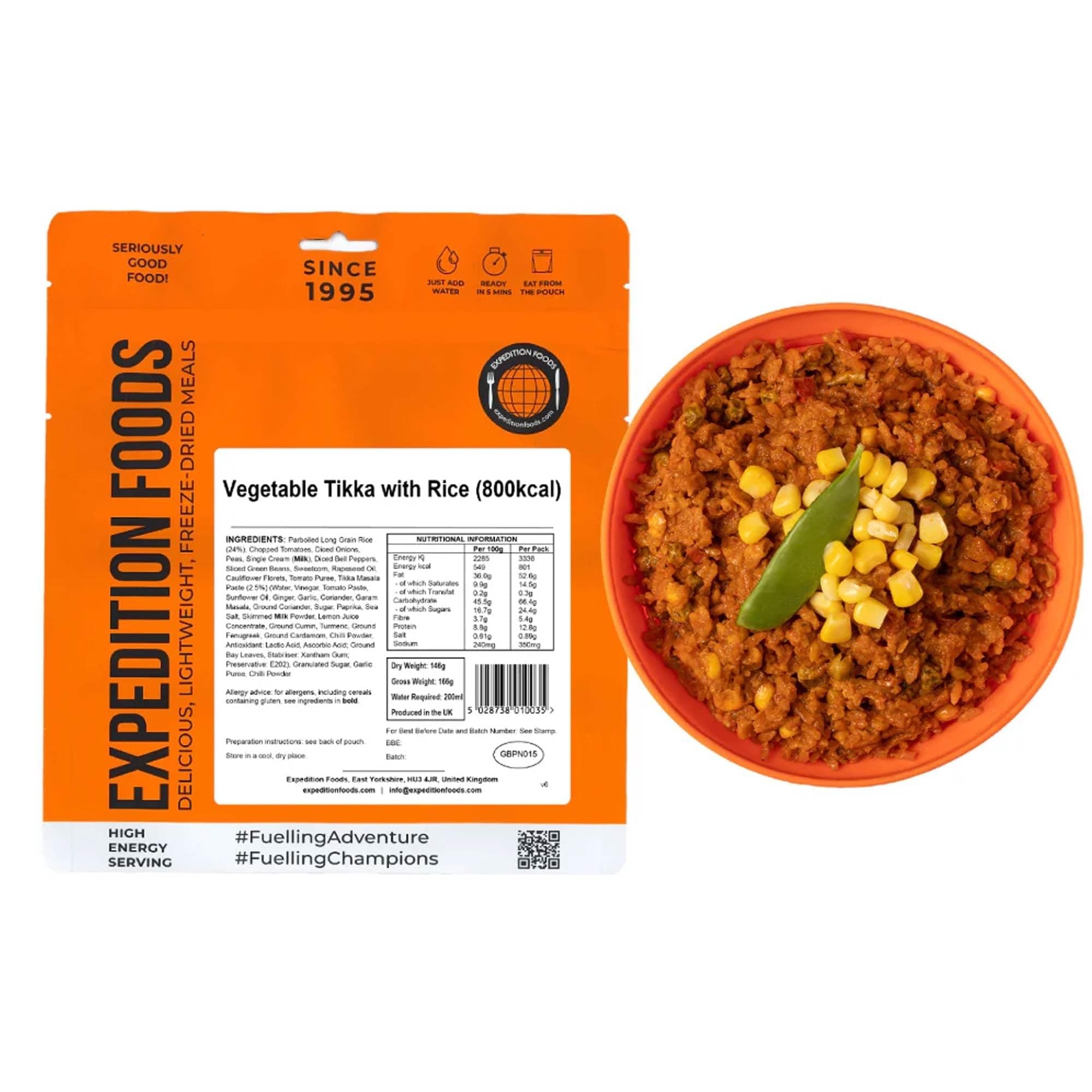 EXPEDITION FOODS Vegetable Tikka with Rice (High Energy Serving / 800KCAL) | Freeze-Dried Camping & Hiking Food