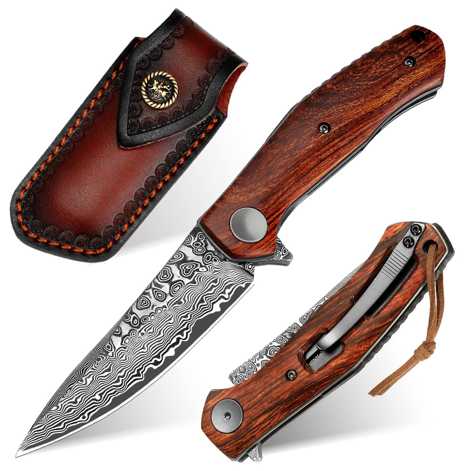 - Benkey Damascus Folding Knife with Clip Leather Sheath Camping Knife EDC, Sharp Damascus Pocket Knife Handmade with Liner Lock and Wood Handle for Outdoor Survival Hunting Collection