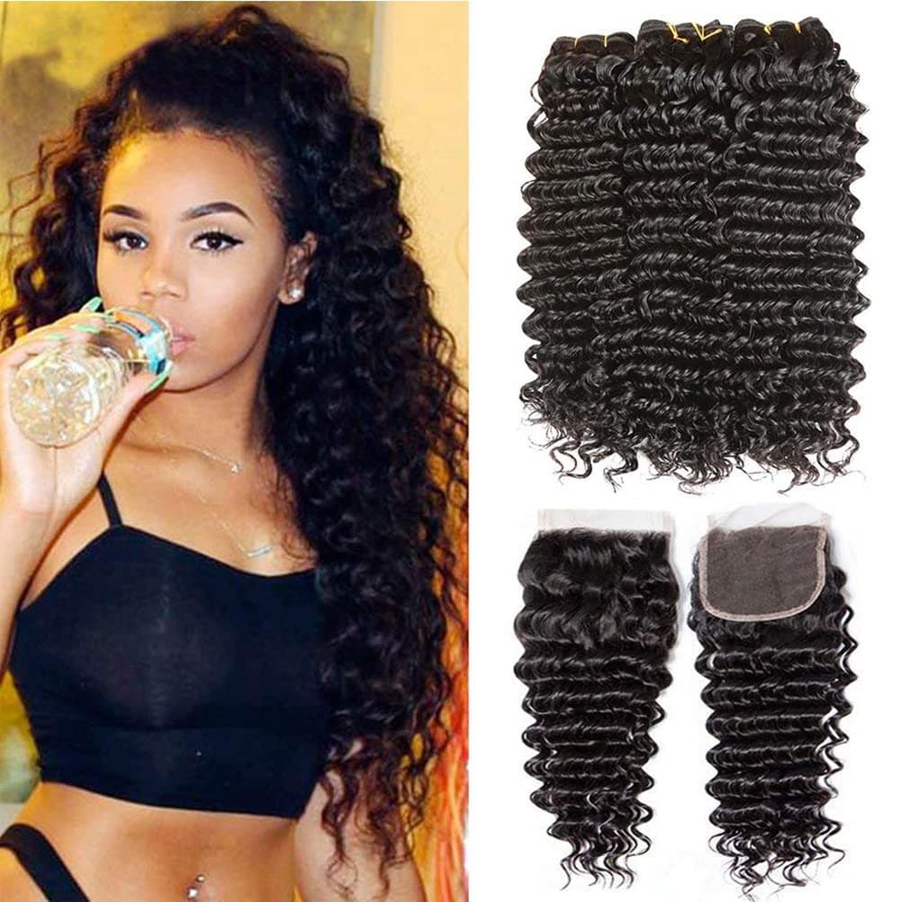 Deep Wave Bundles with Closure Brazilian Human Hair 3 Bundles with 4x4 Lace Closure 10A 100% Unprocessed Virgin Deep Curly Weave Hair Extensions Natural Color for Black Women (10 12 14+10, Free Part)