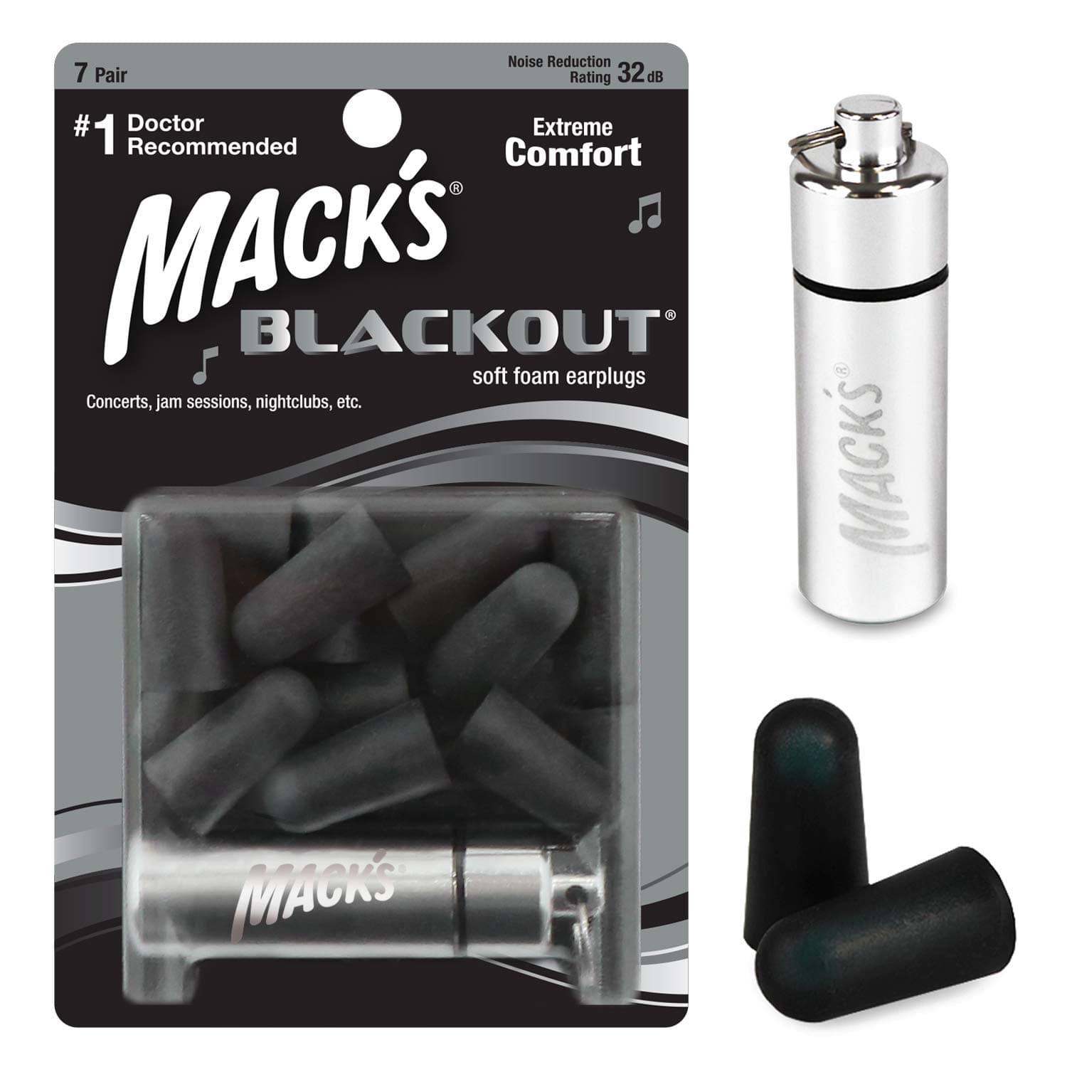 Mack's Blackout Soft Foam Earplugs, 7 Pair with Travel Case - 32 dB Highest NRR, Comfortable Ear Plugs for Concerts, Jam Sessions, Nightclubs, Loud Events and Shooting Sports