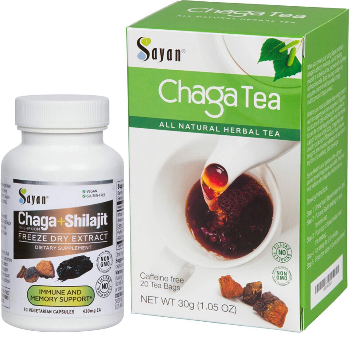 Sayan Siberian Chaga Mushroom Extract with Shilajit 90 Vegetarian Capsules and 20 Chaga Tea Bag Box - Wild-Harvested Supplement for Immune System Support + Natural Energy Boost