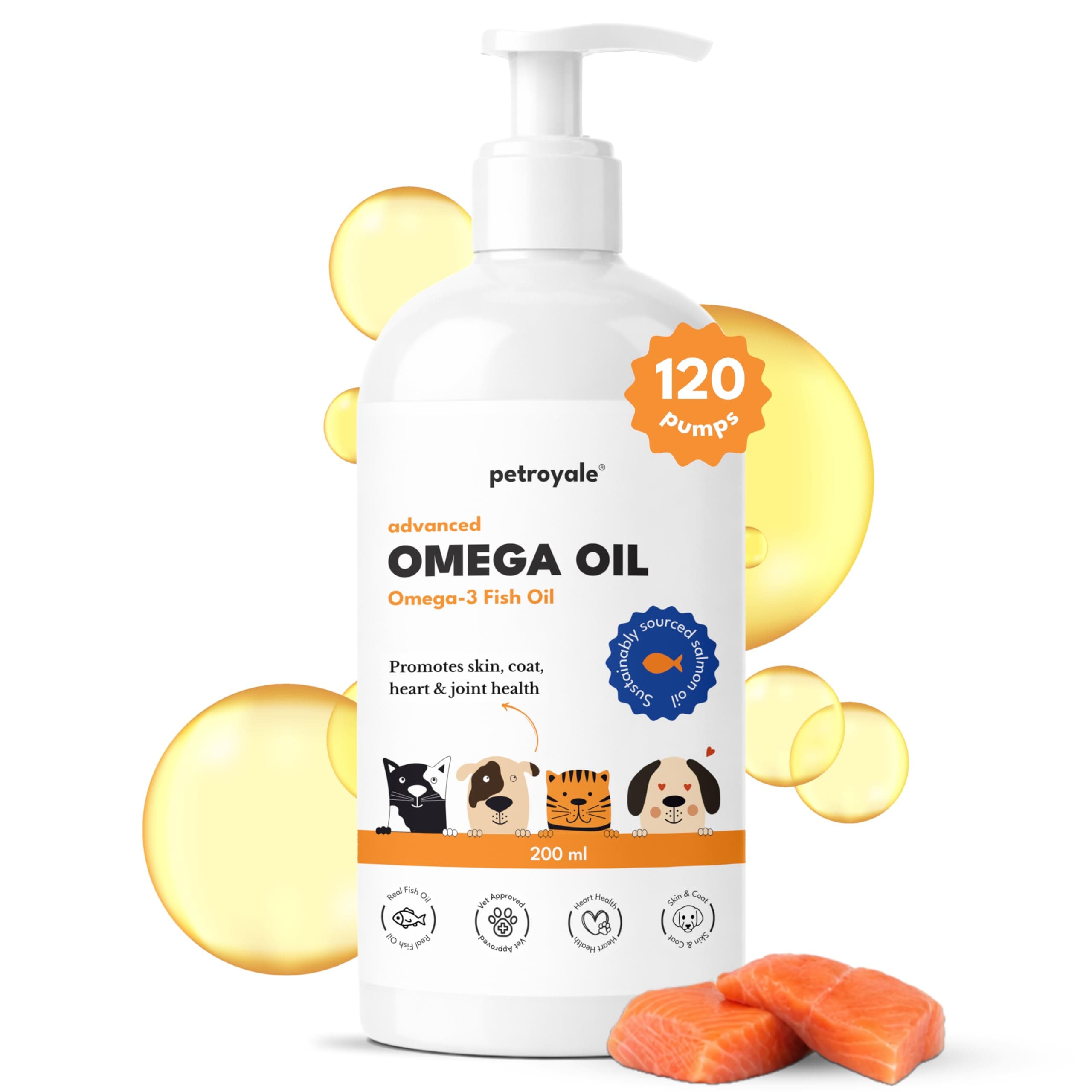 Petroyale Omega 3 Fish Oil for Dogs & Cats - Salmon Fish Oils with Omega 3 6 9 - Supports Skin, Coat, Joints & Immunity- Fish Oil for Dogs & Cats 200ml
