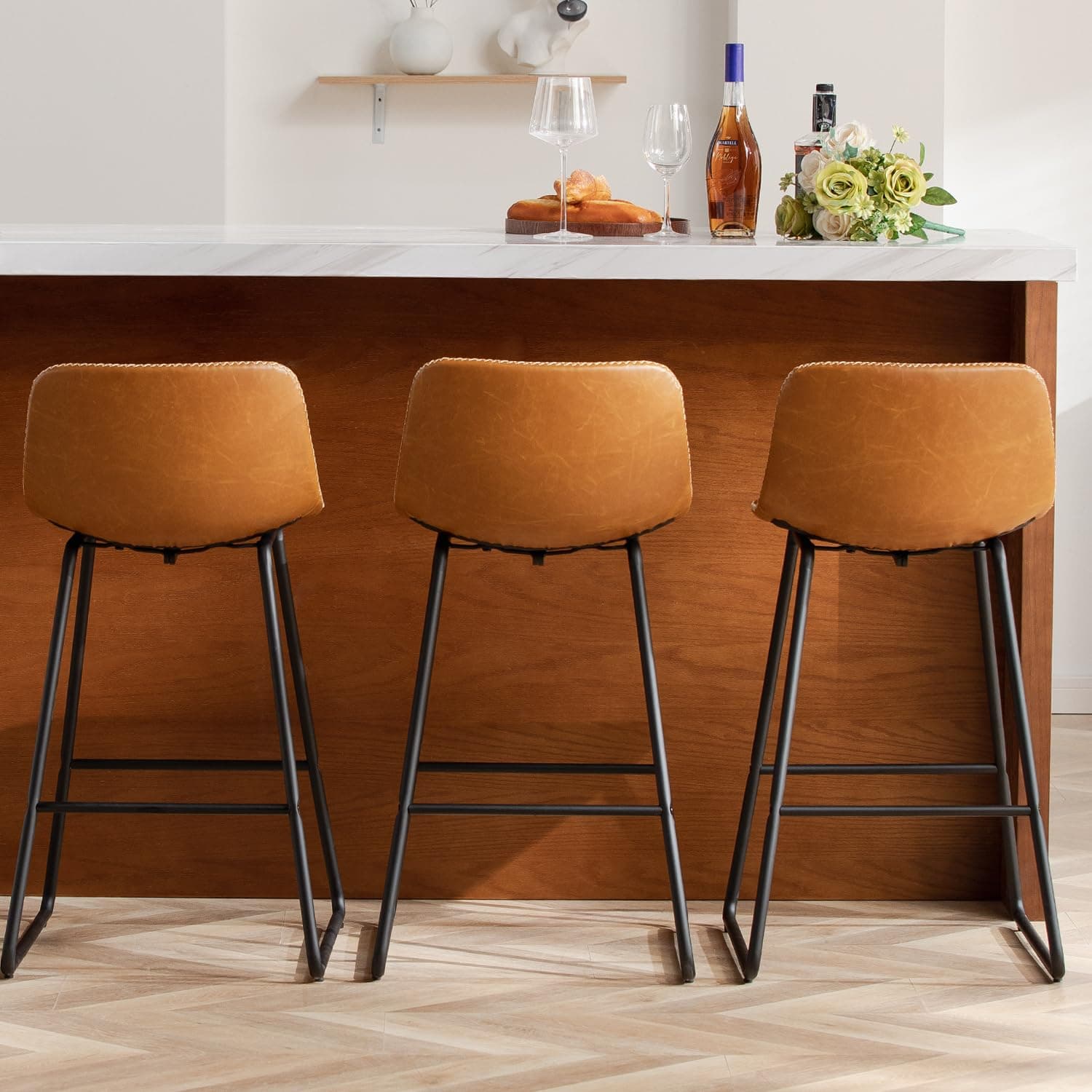 HeuGah Whiskey Brown Bar Stools Set of 3, 26 Inch Counter Height Stools with Back for Kitchen Island, Faux Leather Upholstery, Metal Base