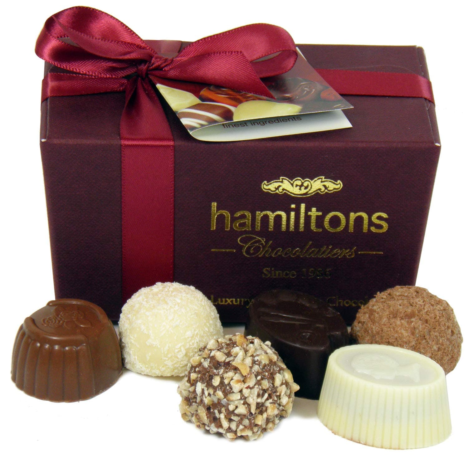 Hamiltons Burgundy Luxury Belgian Ballotin 12 Handmade Chocolates Gift Box