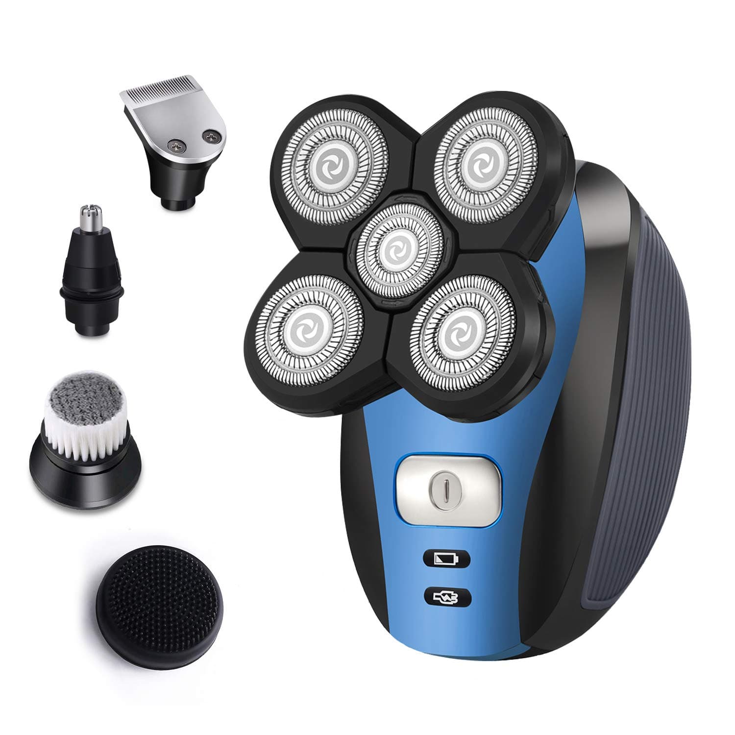 Roziahome Electric Razor for Men Bald Head Shaver 5 in 1 Grooming Kit Rechargeable Cordless Wet Dry Rotary Shaver Clippers Nose Hair Trimmer Facial Cleansing Brush Pop-up Trimmer