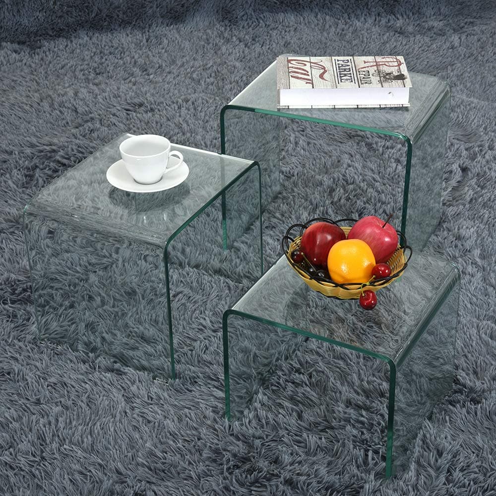 Storeinuk Set of 3 Nesting Tables - Tempered Glass Coffee and End Side Table Set for Living Room Furniture (Clear)