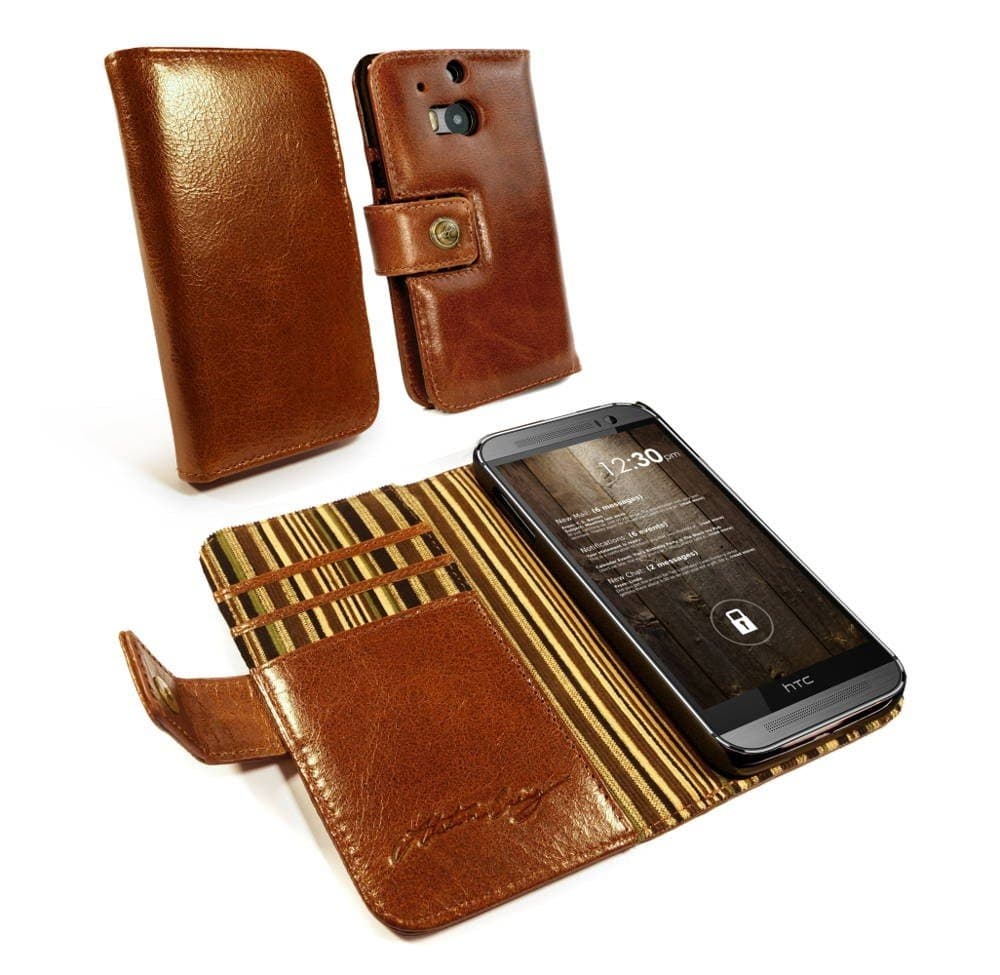 Alston Craig Olive Striped Vintage Genuine Leather Wallet Case Cover with Screen Protector for HTC One M8 - Brown