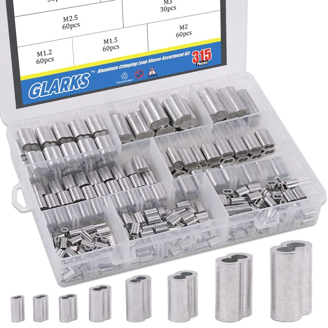 315-Pieces 8 Sizes Aluminum Crimping Loop Sleeve Double Barrel Ferrule for Wire Rope and Cable Line End Assortment Kit - M1.2-M6