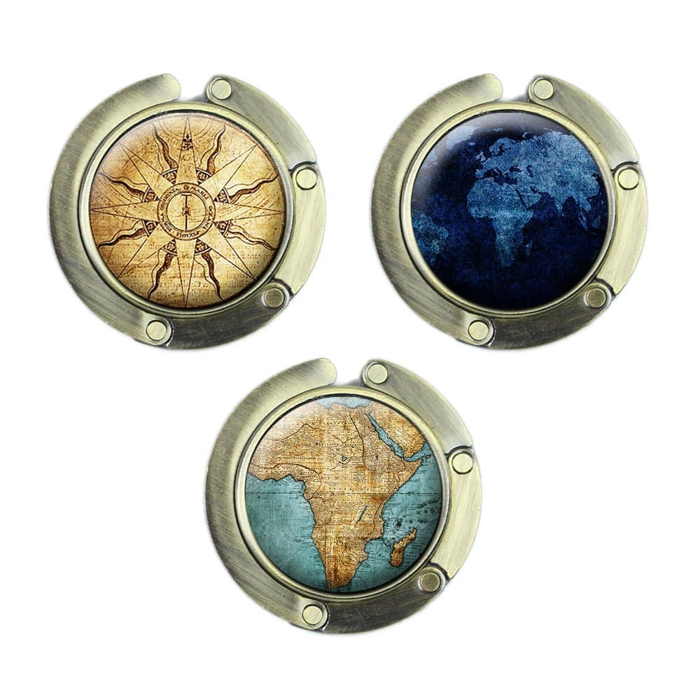 Foldable Purse Hook Set of 3 - Hanger Folding Table Hanger Holder Womens Bag Storage (Coppery-Map)