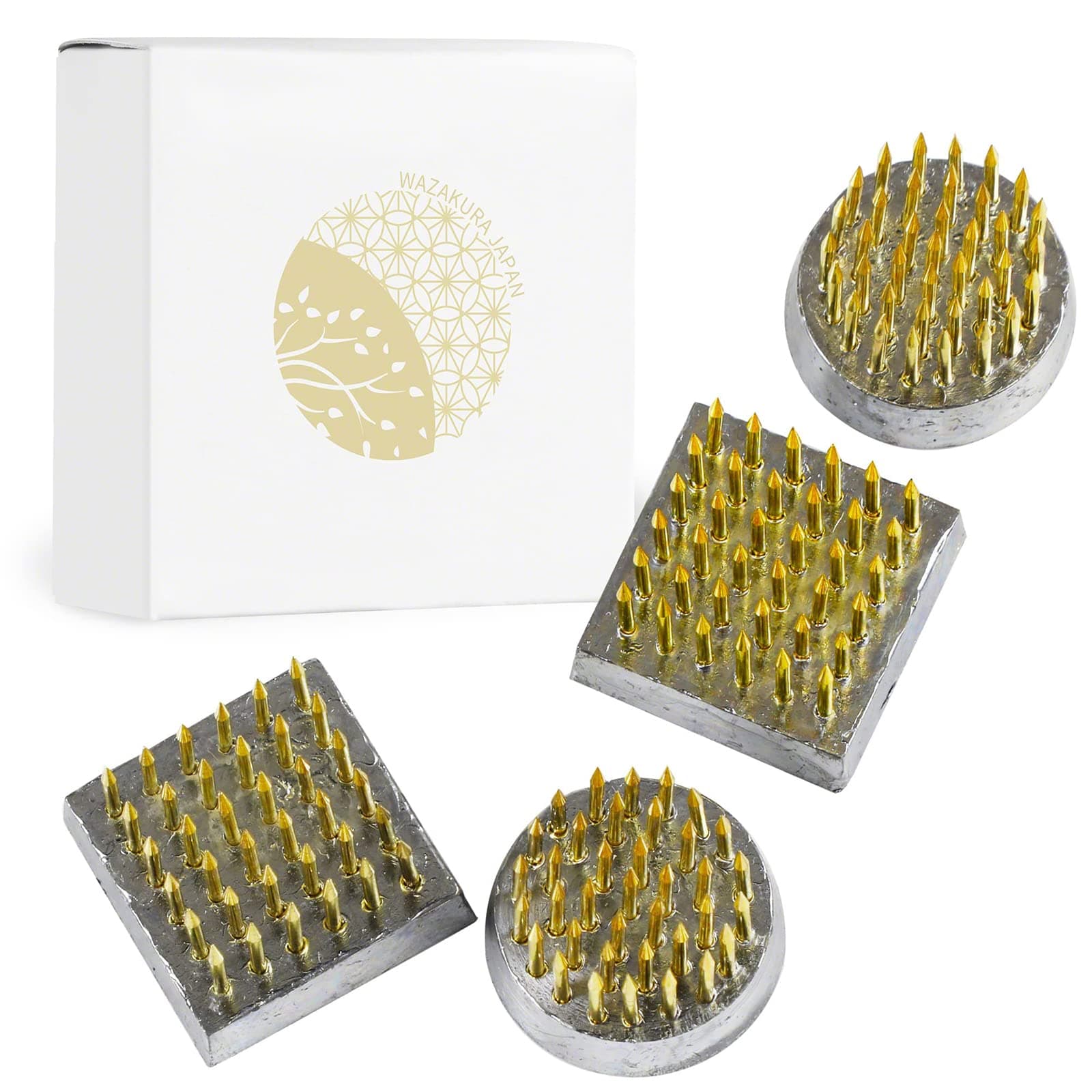 Wazakura 4PCS Mini Ikebana Kenzan Japanese Flower Holder, Made in Japan, Floral Arranging Pin Frog, Round Square - 1"(24mm) Brass