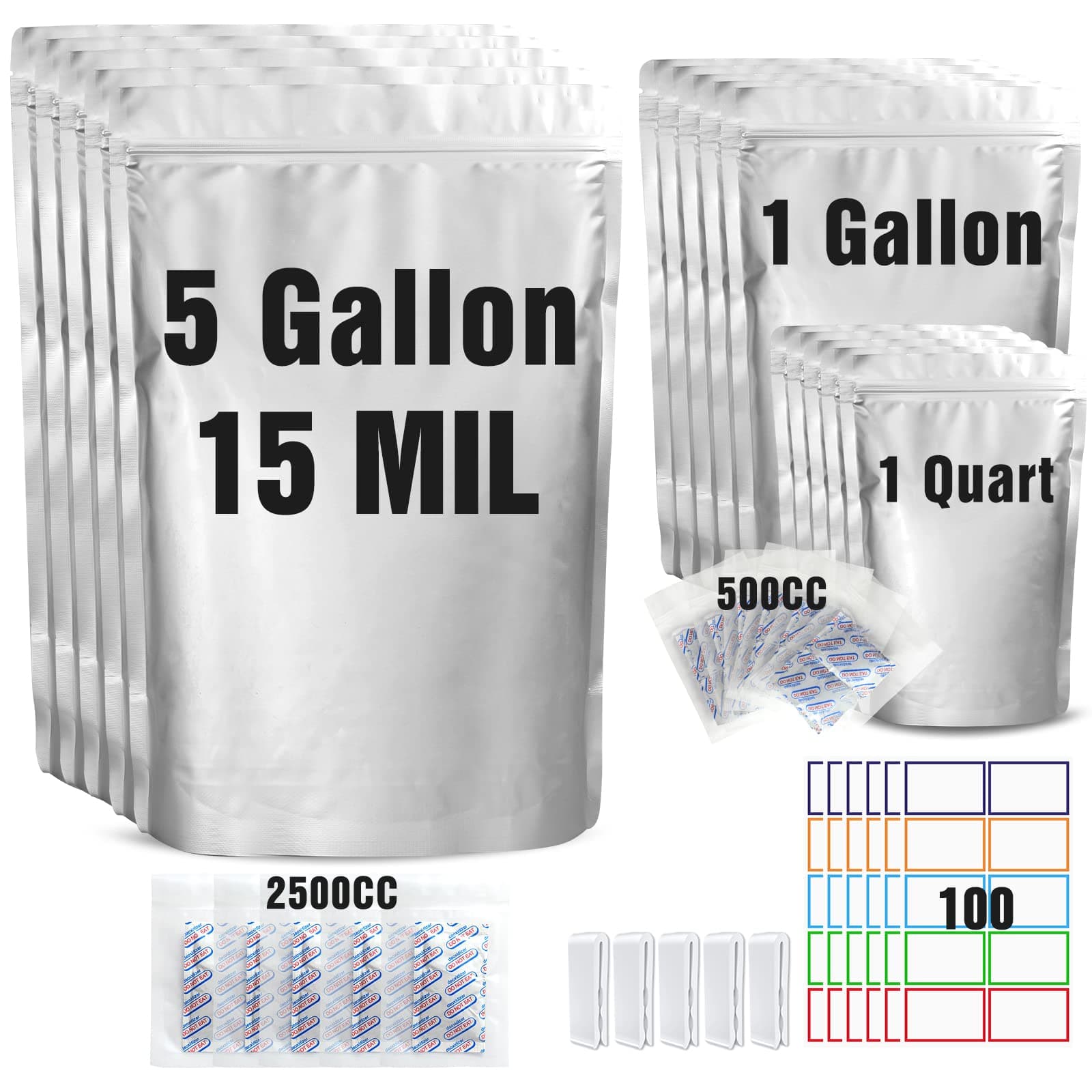 15 Mil 5 Gallon Mylar Bags for Food Storage with 2500cc Oxygen Absorbers 3 Size