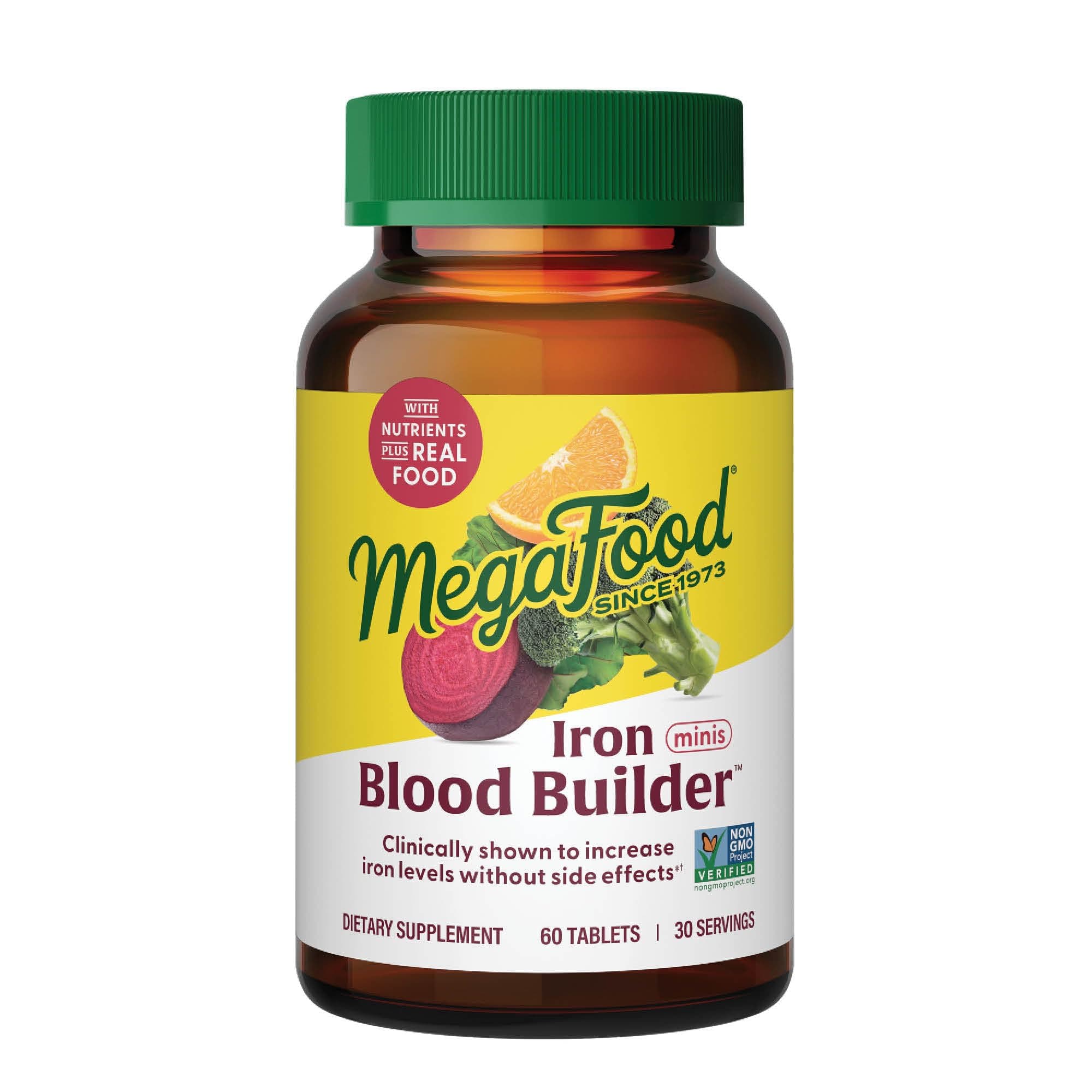 MegaFood Blood Builder Iron Supplement for Women & Men - Increase Iron Levels Without Side Effects - Combats Fatigue - Vitamin B12, Folic Acid & Vitamin C - Vegan - 60 Mini Tablets (30 Servings)