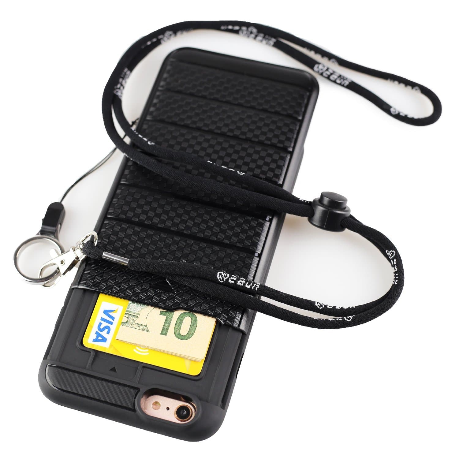 iPhone 6s Case with Long Lanyard | iPhone 6 Case with Neck Strap and Lanyard Hole - Hidden Back ID Card Slot Slider - Protective Credit Card Holder (iPhone 6 4.7 Inch Black)