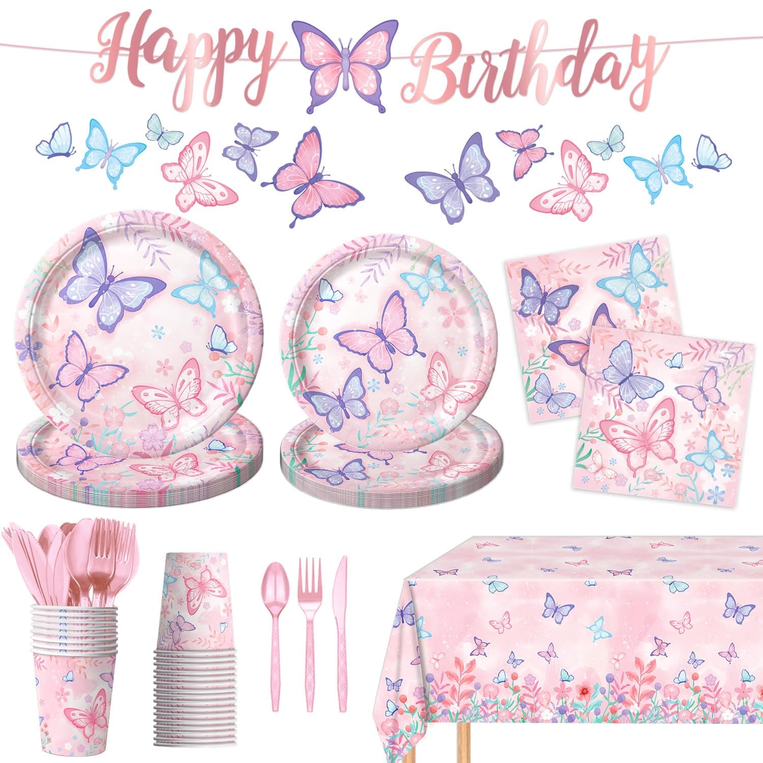 178 PCS Butterfly Birthday Party Supplies Disposable Paper Plates, Napkins, Cups, Cutlery, Tablecloth, Banner, and Hanging Swirl for Butterfly Birthday Decorations, Serves 25