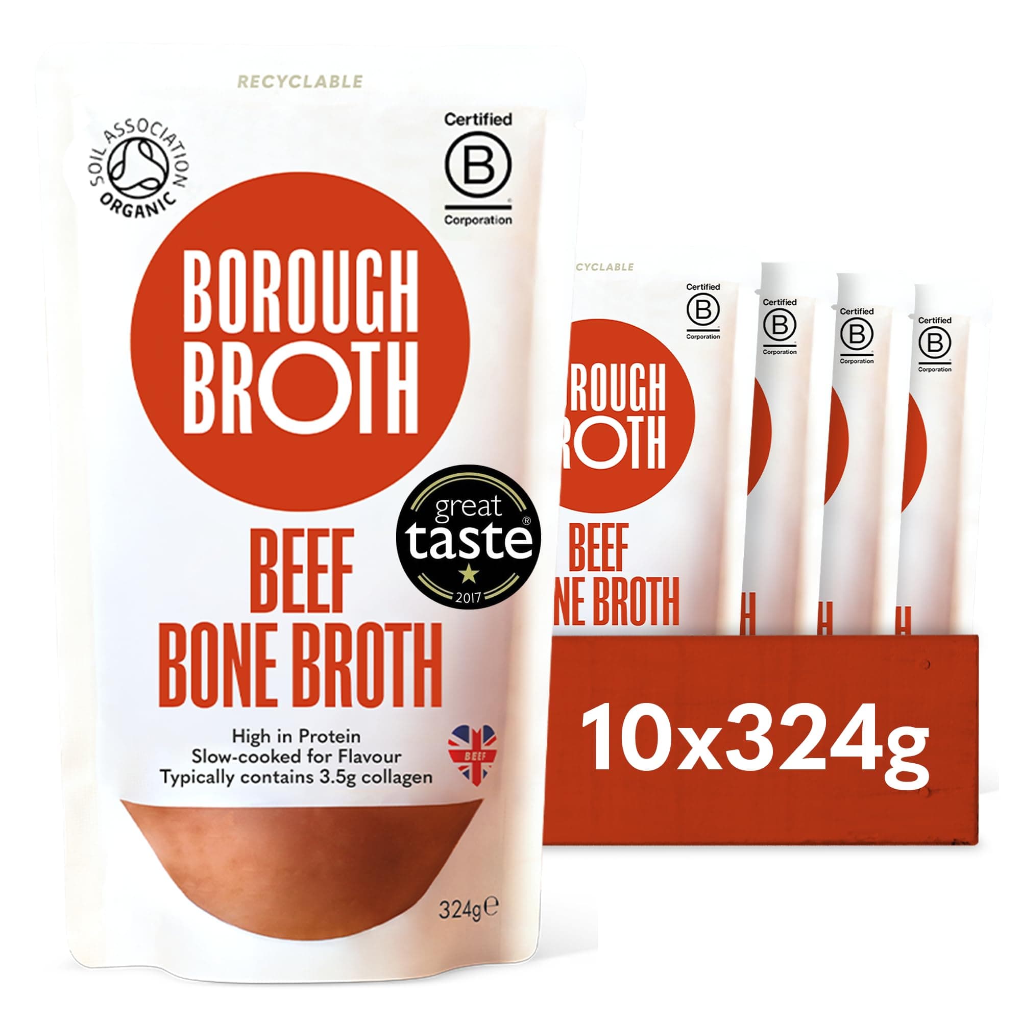 Organic Beef Bone Broth by Borough Broth - High in Collagen for Healthy Skin & Joints - High Protein & Low Calorie - Gluten Free - Grass Fed - Perfect for Gravy & Soups - Delivered Chilled - 10 x 324g