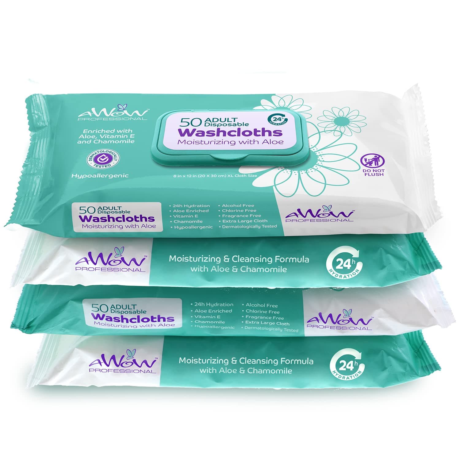 New and Improved AWOW Professional Natural Adult Cleansing Disposable Washcloths, 50 Large Incontinence Natural Wipes (4 Packs/200 Wipes)