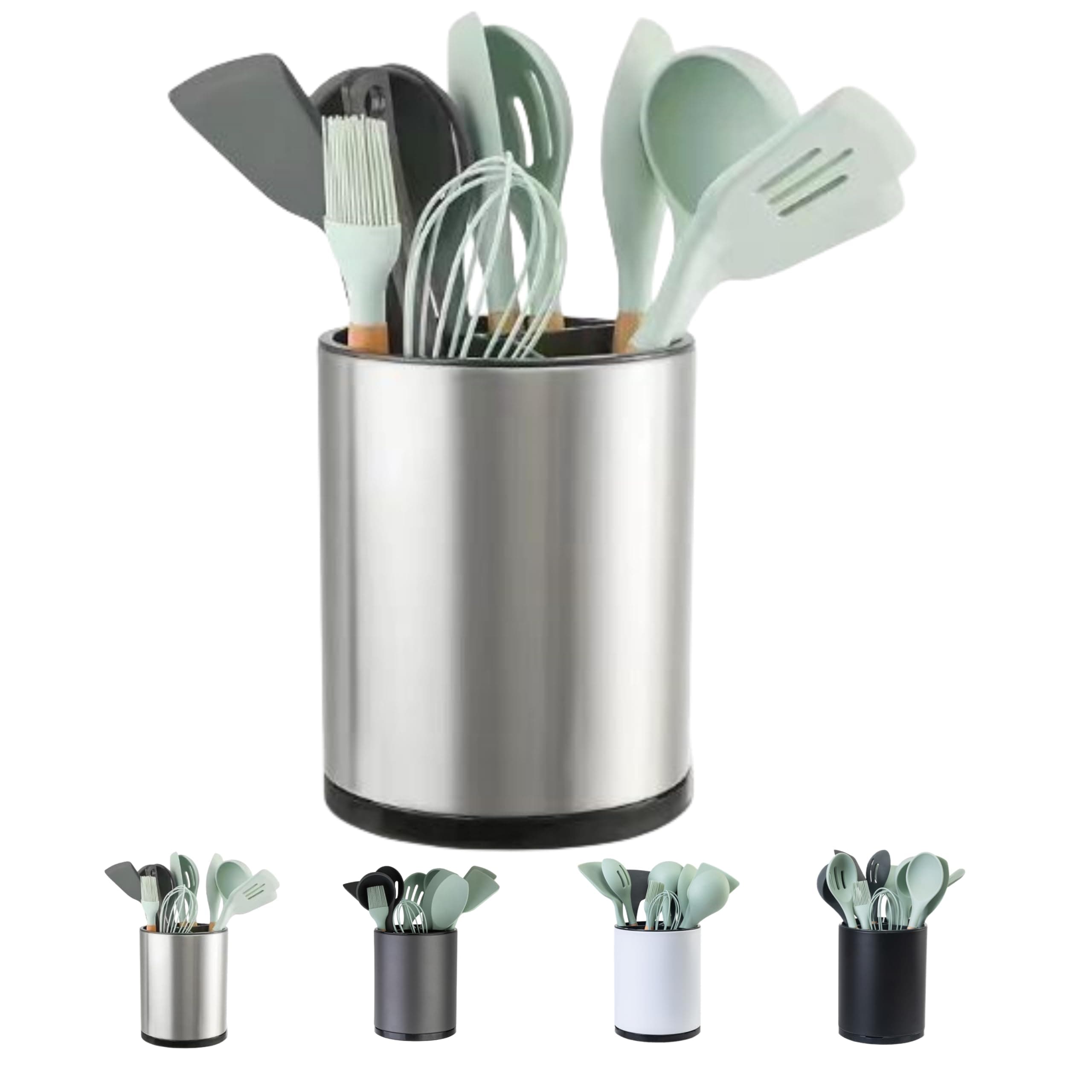 Utensil Holder 360° Rotating Kitchen Crock Kitchen Utensil Organizer Stainless Steel Kitchen Utensils Silverware Caddy Large Capacity Flatware Caddy Spoon Spatula Utensil Storage For Kitchen