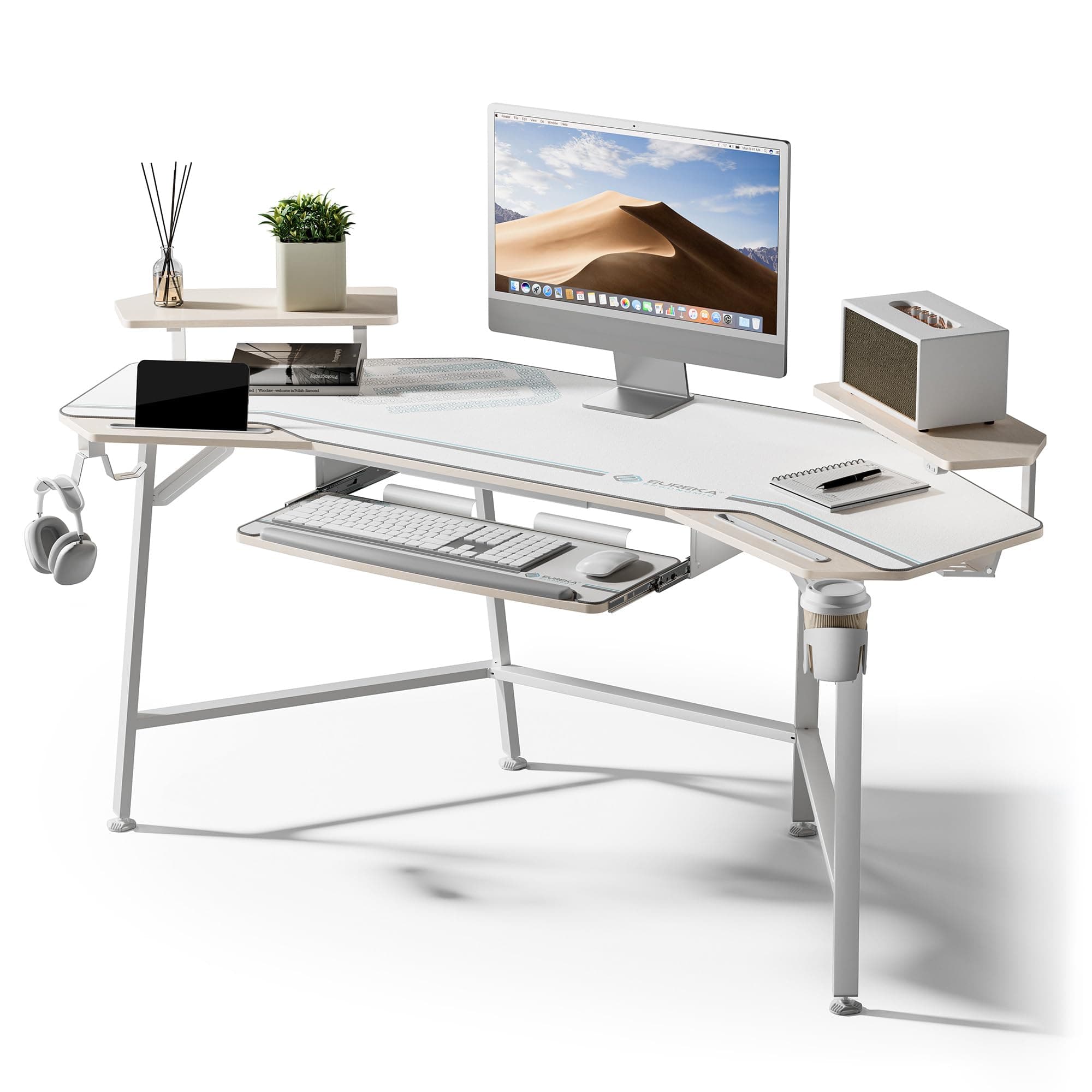 Gaming Desk with LED Lights 182 x 76cm Wing Shaped Computer Desk Large Office Computer Workstation PC Table w Keyboard Tray, Dual Monitor Shelves,Dual Headphone Hanger Cup Holder