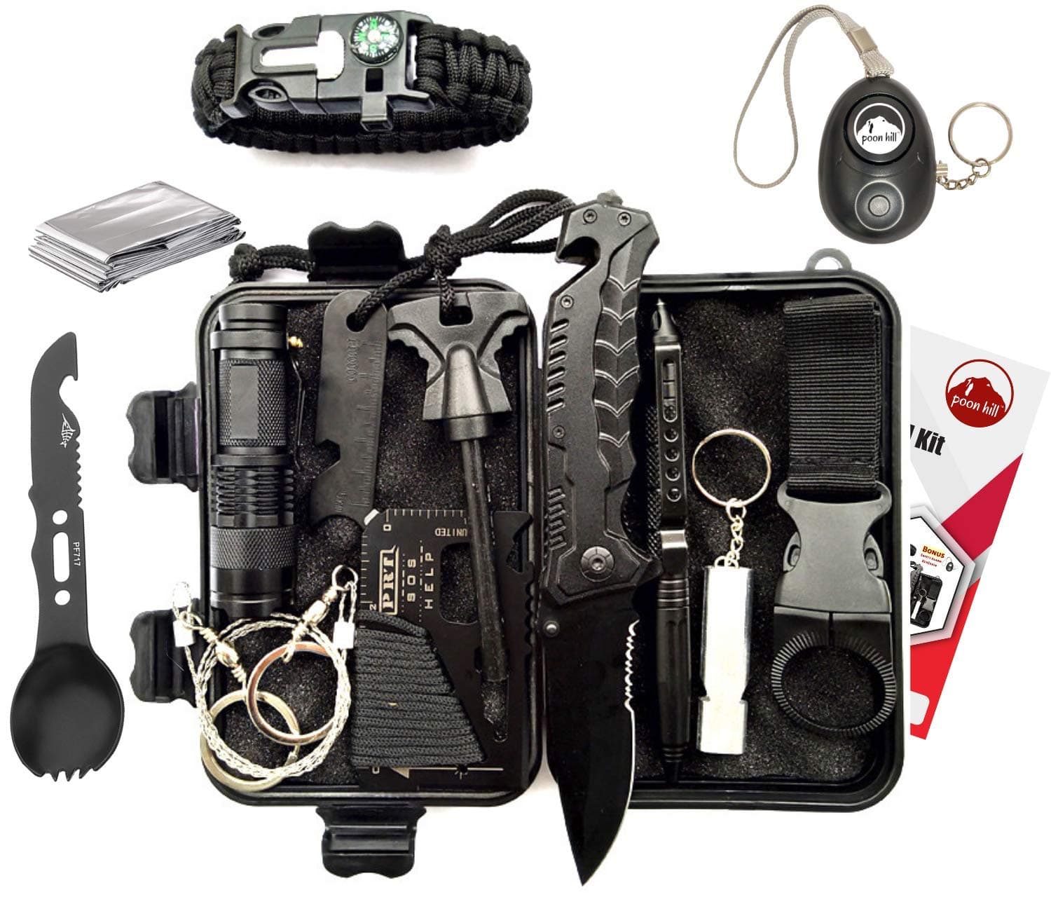 Hill 14 in 1 Doomsday Survival Kit with Safety Alarm Keychain for Emergency Preparedness for Car with Tools Pack or Outdoor Hiking, Camping Gear for Men Unique Gifts for Men, Kids Survival Tool
