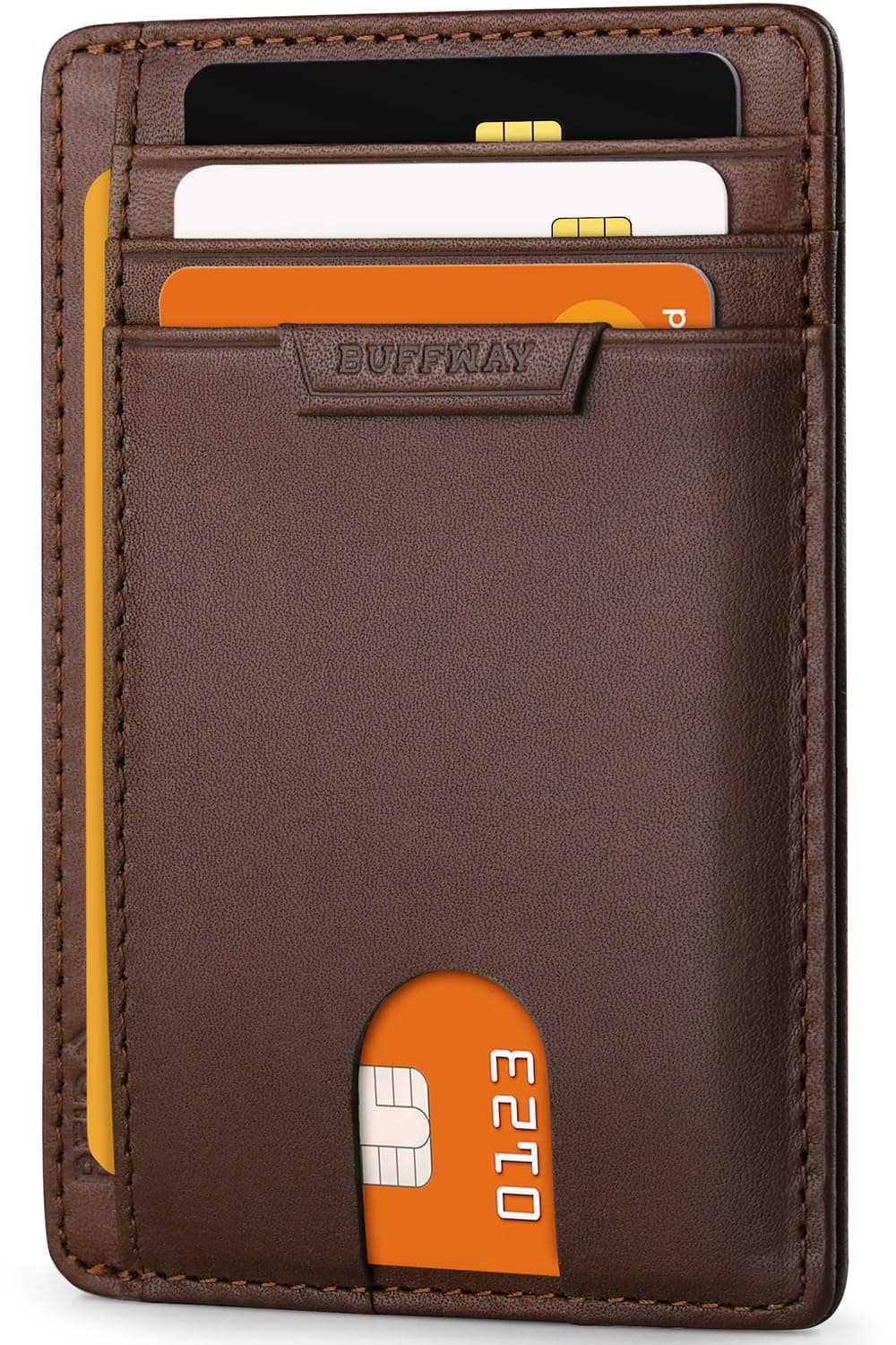 Buffway Slim Wallet for Men Women Minimalist Small Leather Front Pocket Wallets with RFID Blocking and Gifts Box - Bassa Coffee