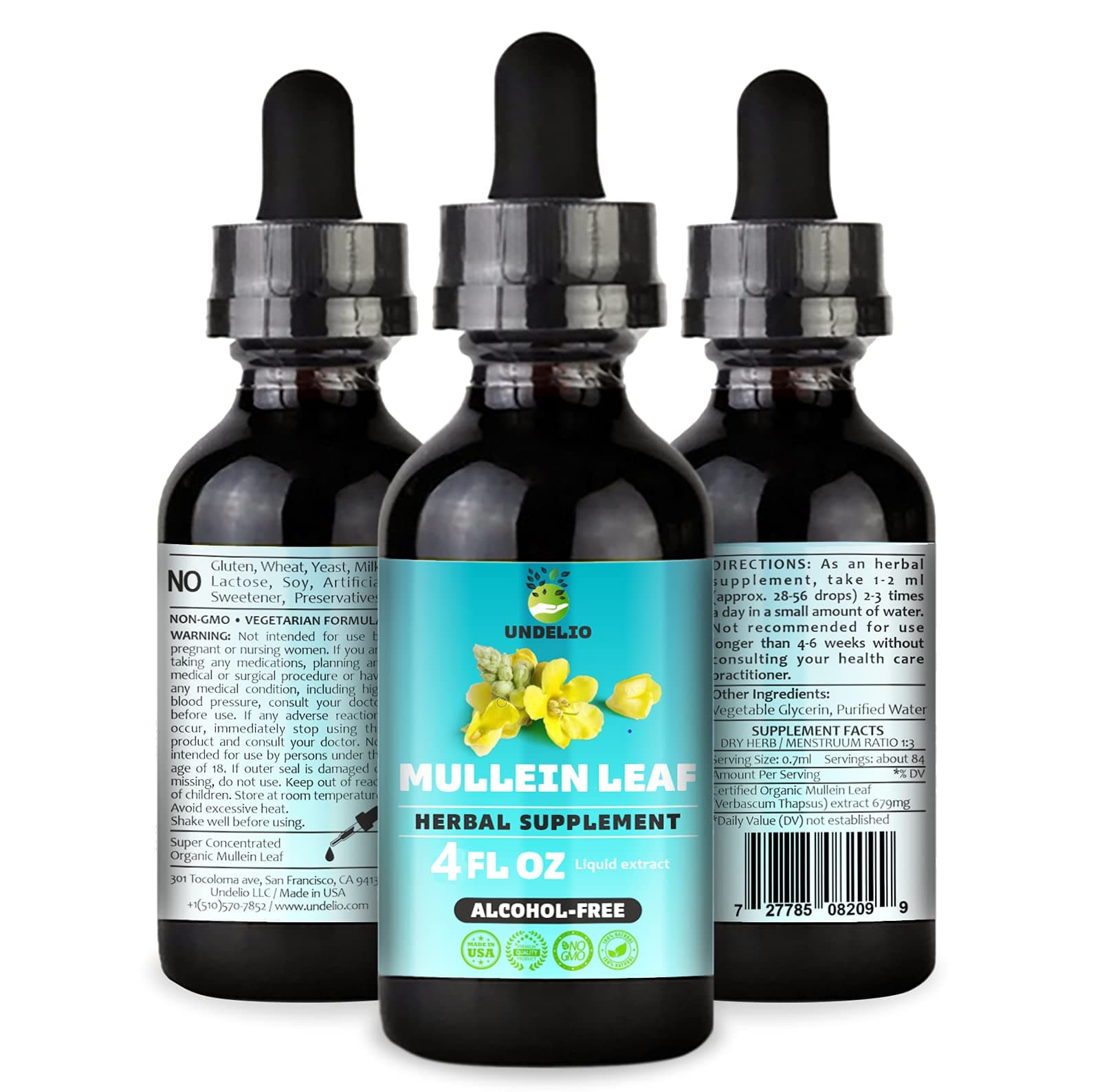 Undelio's Herbal Mullein Leaf Extract - Organic & Alcohol-Free Tincture for Respiratory, Lung, Sleep & Digestive Support - Non-GMO, Vegan - 4 fl. Oz for Immune Health & Lung Detox