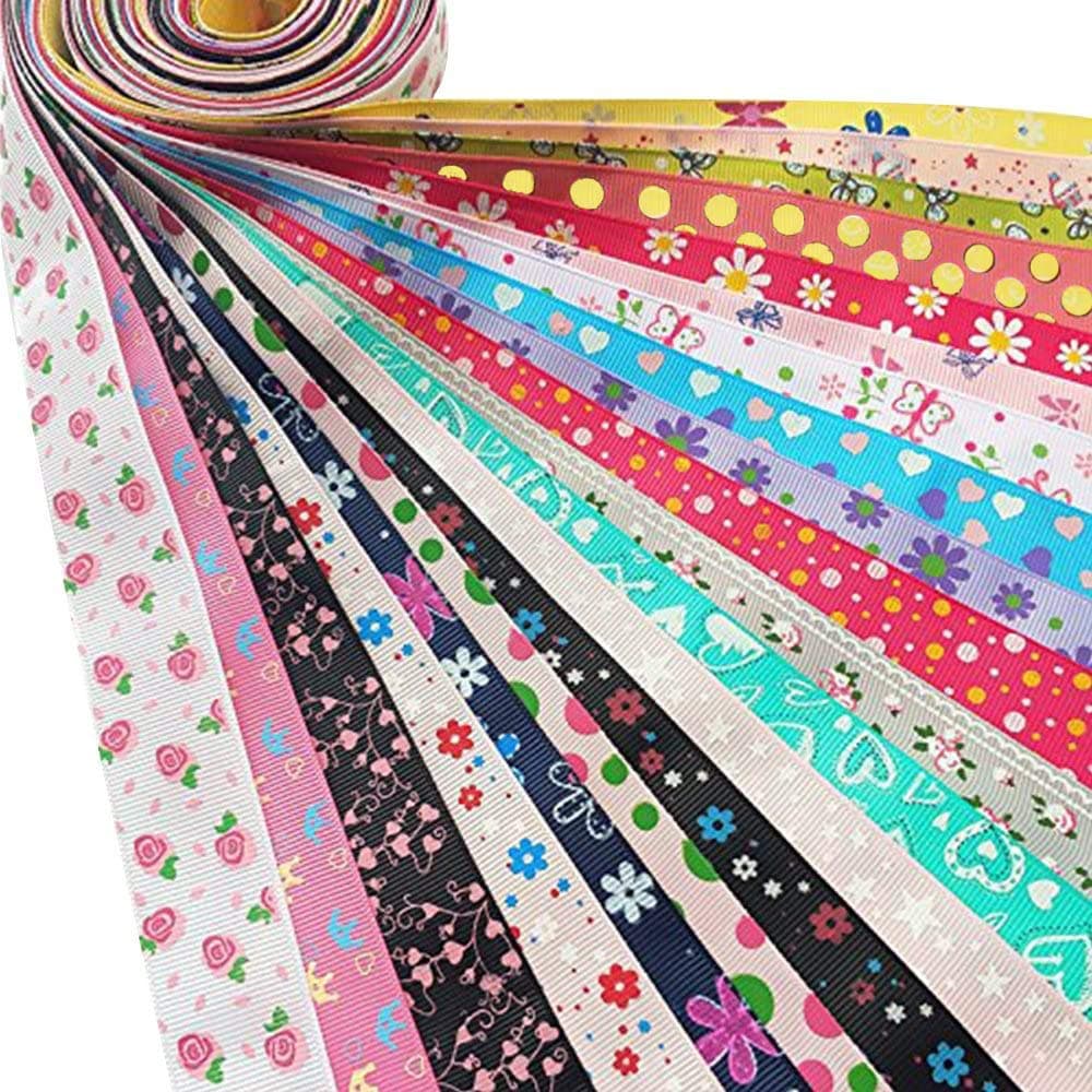 Assorted 20 Yards Grosgrain Ribbon Bow Daisy Butterfly Cake Love Heart Dots Flower Rose Smile Face Craft DIY Packing Hair Bow Accessory
