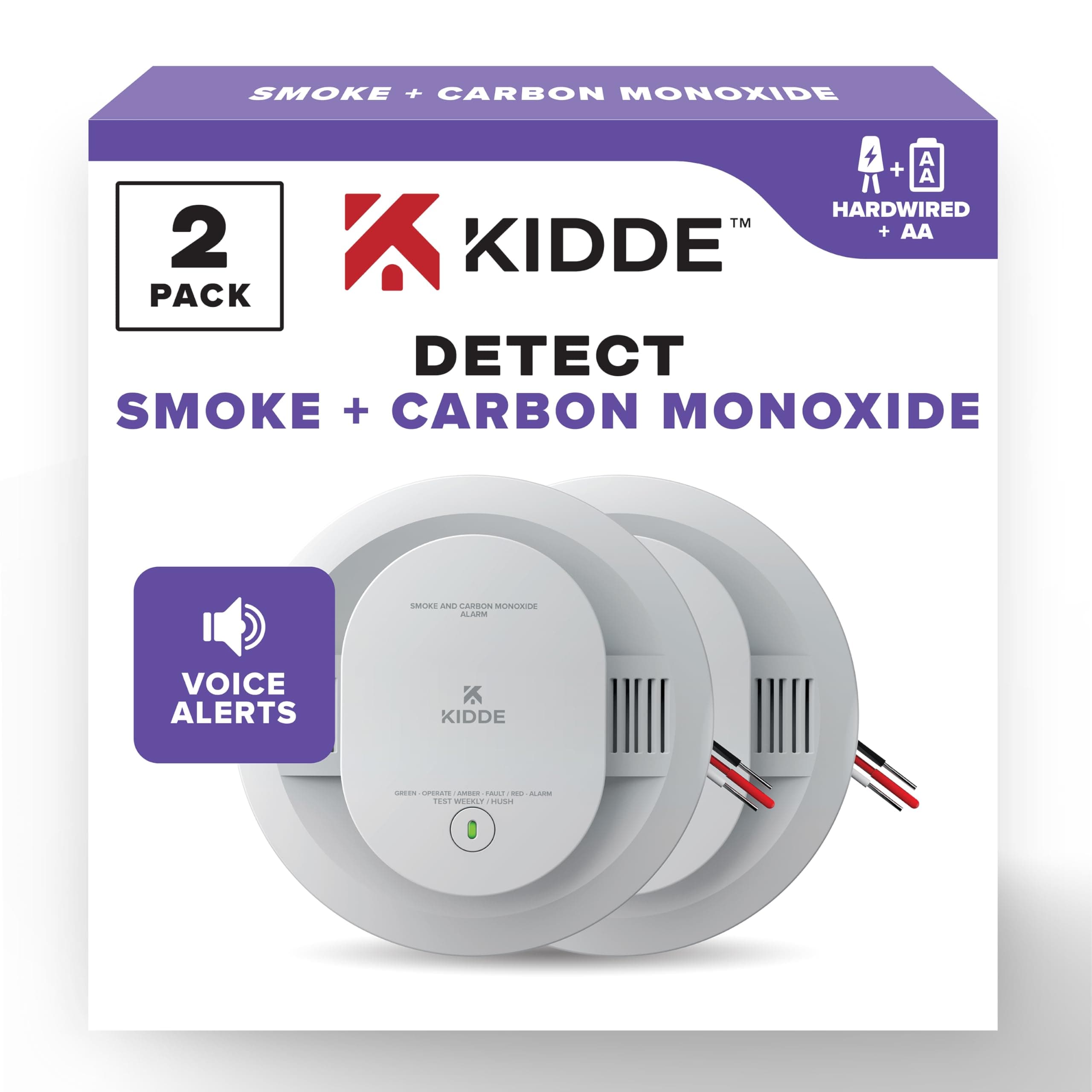 Hardwired Smoke & Carbon Monoxide Detector, AA Battery Backup, Voice Alerts, Interconnectable, LED Warning Light Indicators, 2 Pack