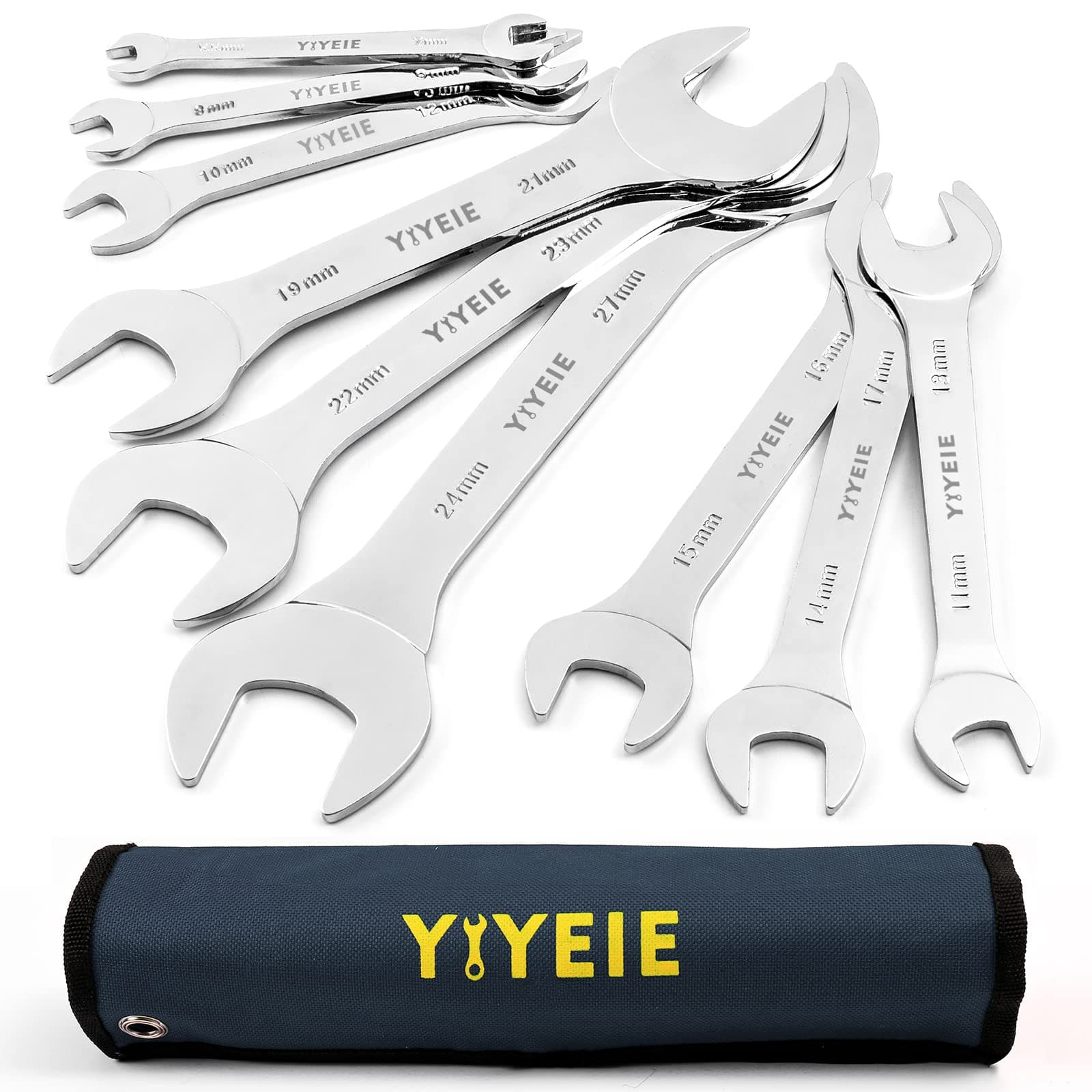 9Pc. Super-Thin Open End Wrench Set, Metric 5.5, 7, 8, 9, 10, 11, 12, 13, 14, 15, 16, 17, 19, 21, 22, 23, 24, 27 mm, CR-V Steel, Ultra-Slim Flat Wrench Set with Roll-up Pouch