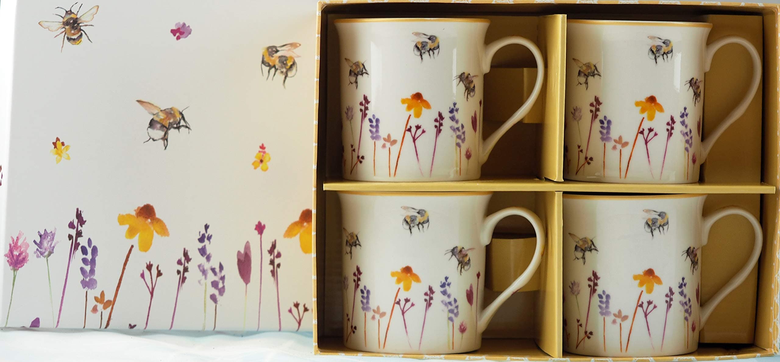 Lesser & Pavey Pretty Water Colour Busy Bees Design Fine China Mugs (Set of 4) 220 ml, Rose