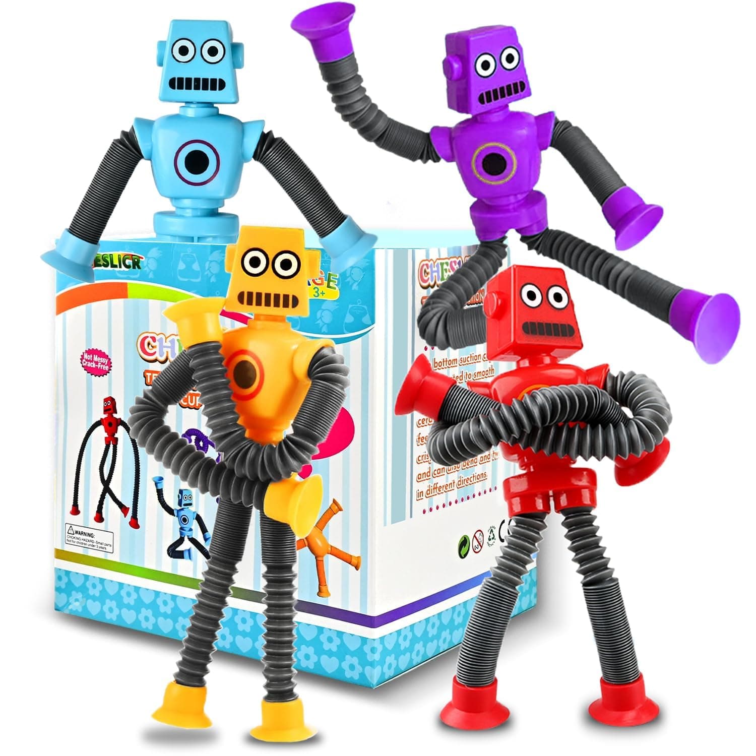 CHESLICR Robot Sensory Toys Valentine's Day Gift For Kid Ages 3-10(4PCS), Suction Autism Toy Pop Tube Fidget Toys Autistic Travel Toys Stocking Easter Basket Stuffer For Kids Toddlers