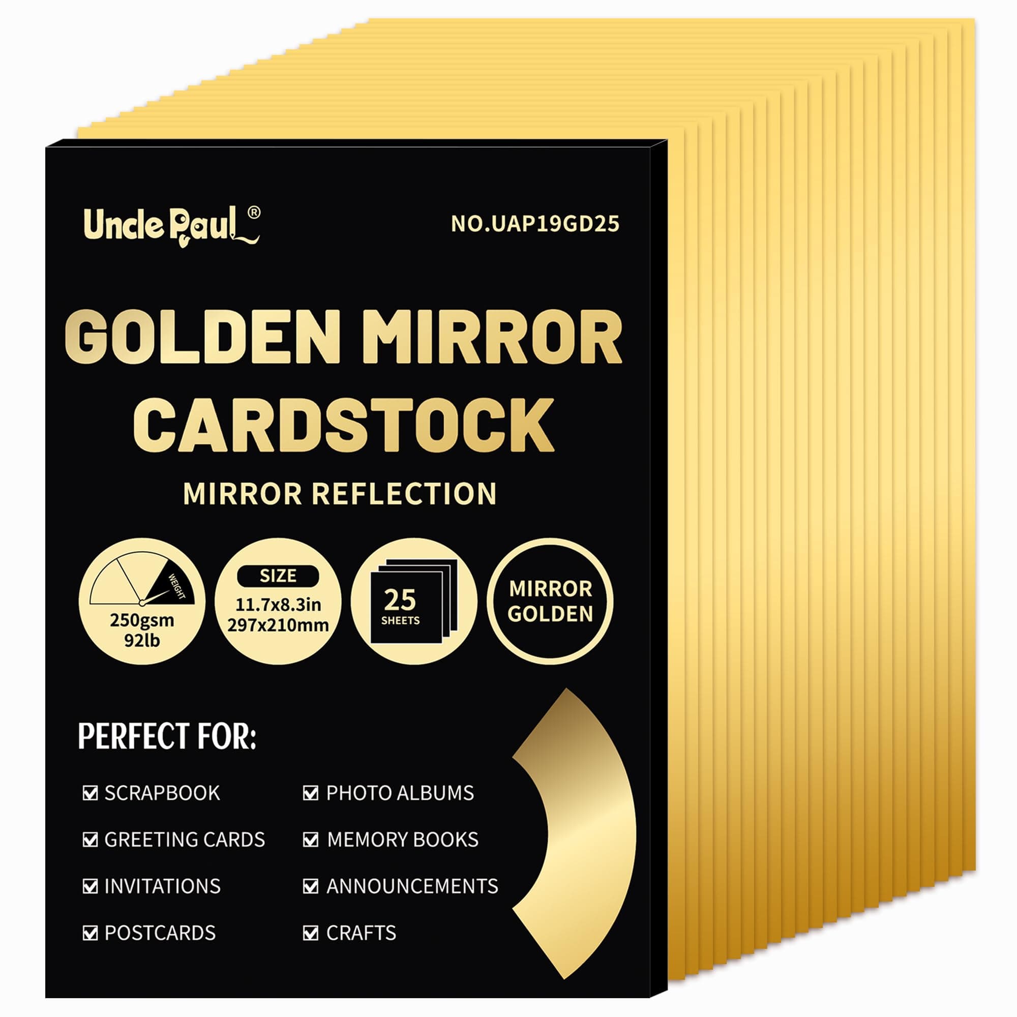 Uncle Paul A4 Golden Mirror Cardstock Paper, 25 Sheets 250 gsm/92 Ib Metallic Reflective Paper for Crafts, Foil Cardstock for DIY Projects Birthday Party Decoration UAP19GD25